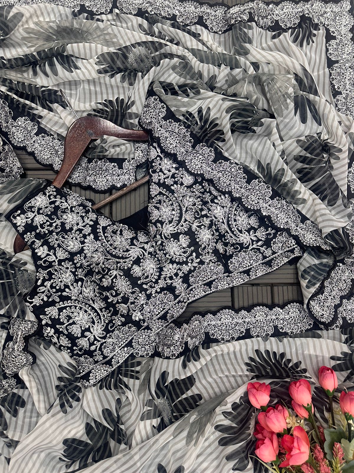 Black Georgette Cording Work With Digital Print Saree