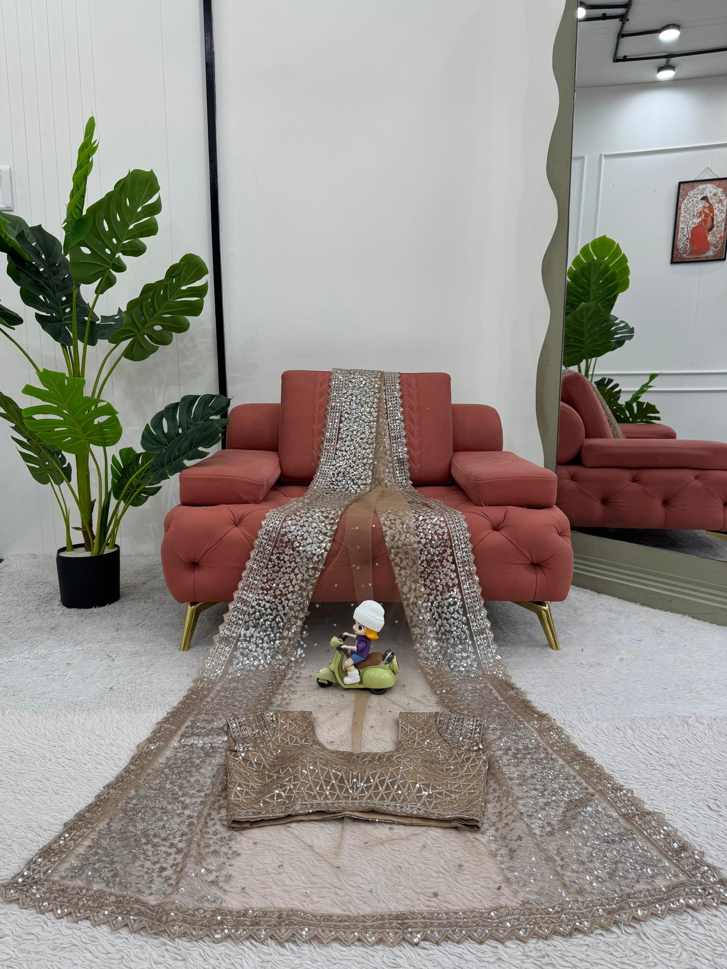 Cream Color Soft Net With Sequins work Saree