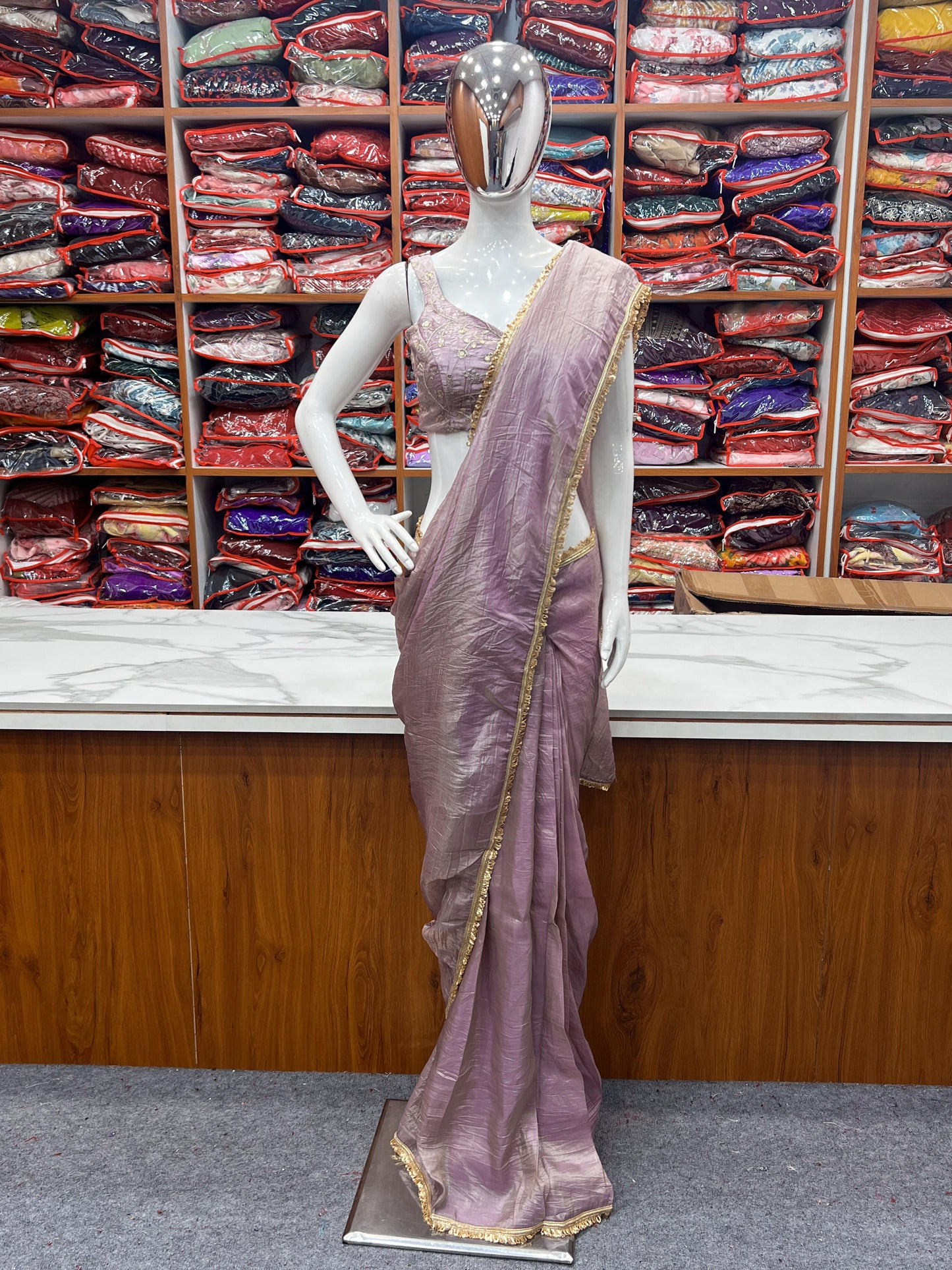Light Dusty Mauve Gold Crush Tissu With Zari Work Ready To Wear Saree
