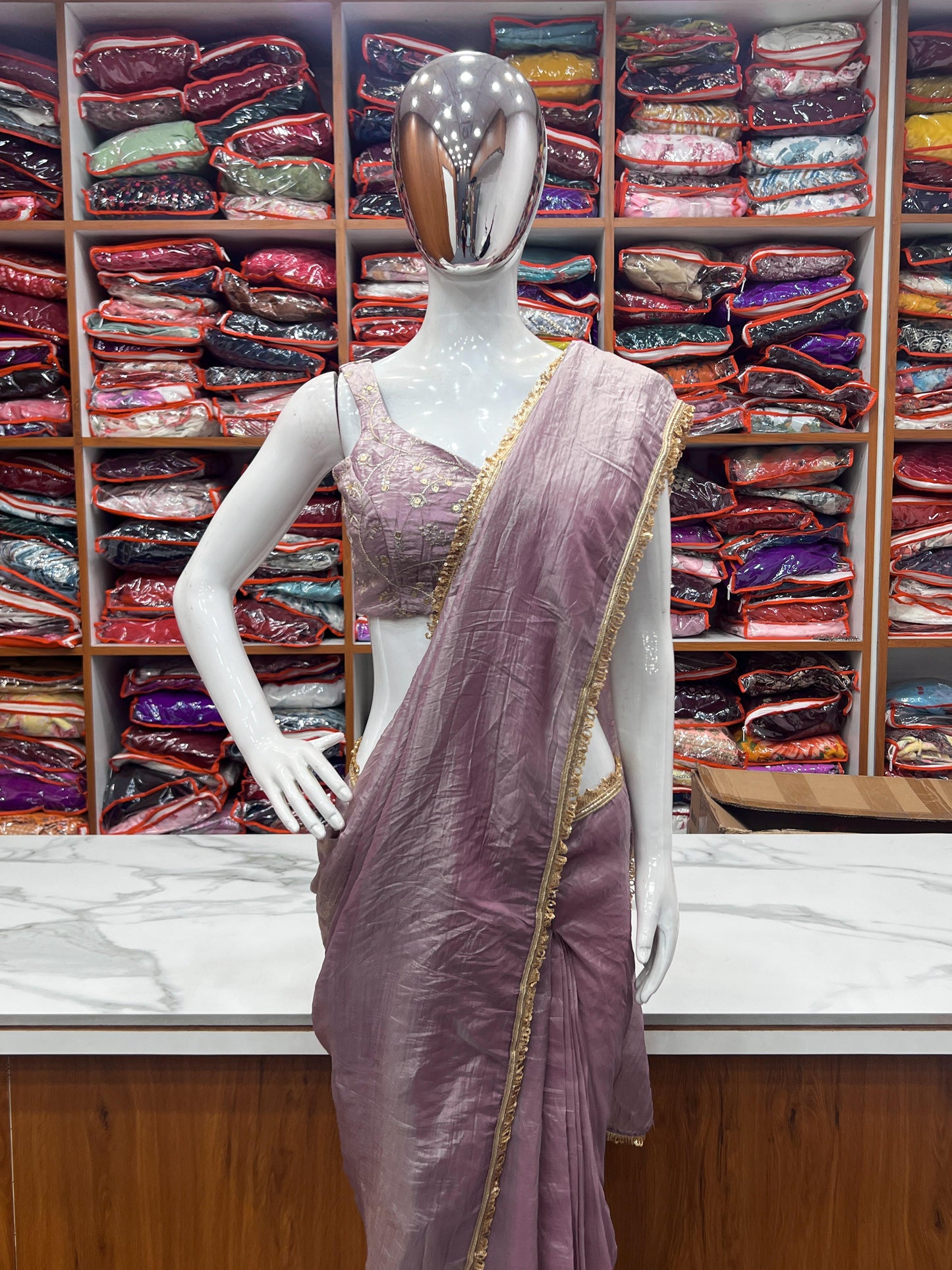 Light Dusty Mauve Gold Crush Tissu With Zari Work Ready To Wear Saree