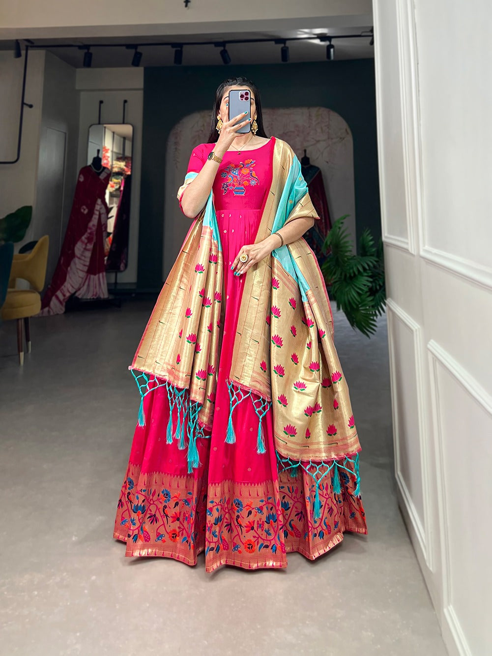 Pink Jacquard Silk With Zari Work Gown With Dupatta