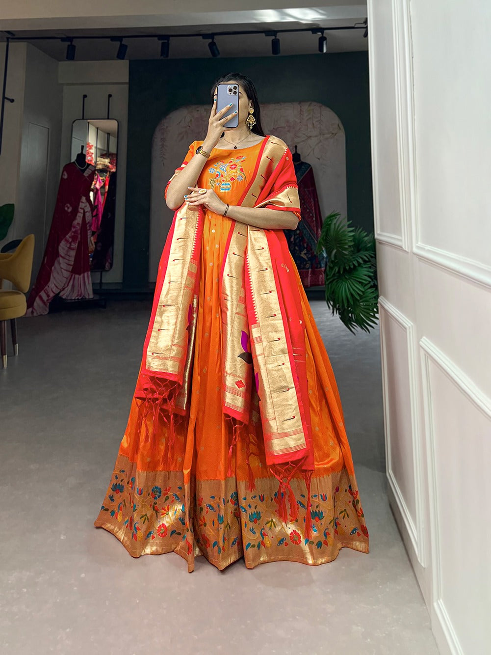 Orange Jacquard Silk With Zari Work Gown With Dupatta