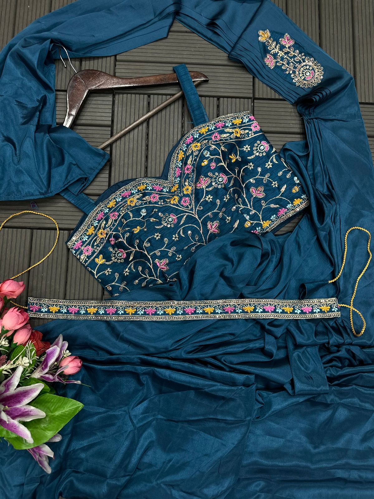 Heavy Satin Embroidery Work Saree