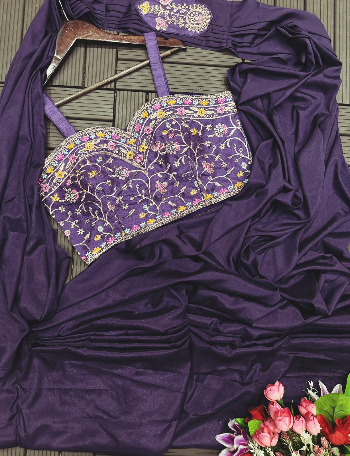 Heavy Satin Embroidery Work Saree