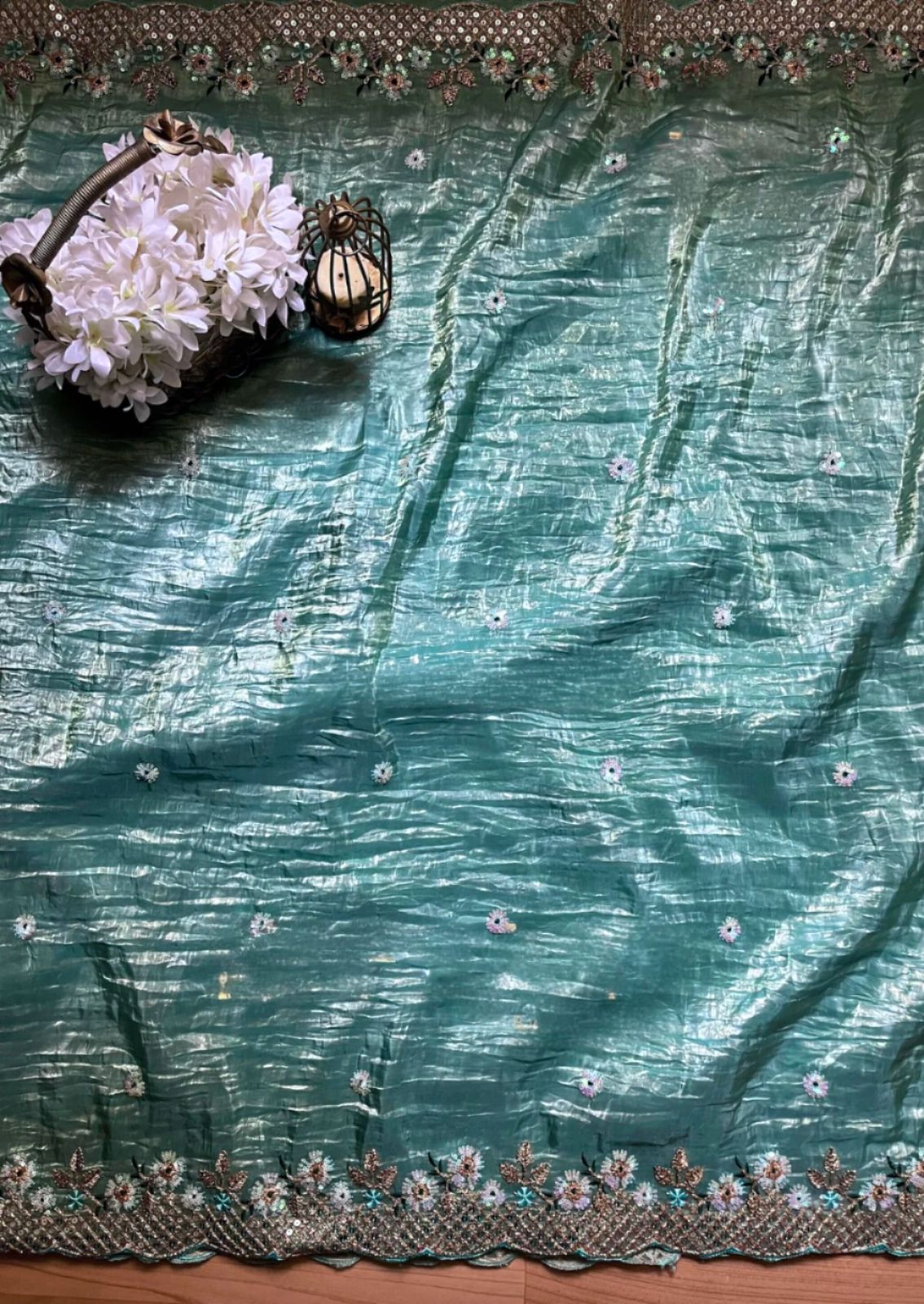 Sky Blue Crunchy Silk With Thread & Sequins Work Saree
