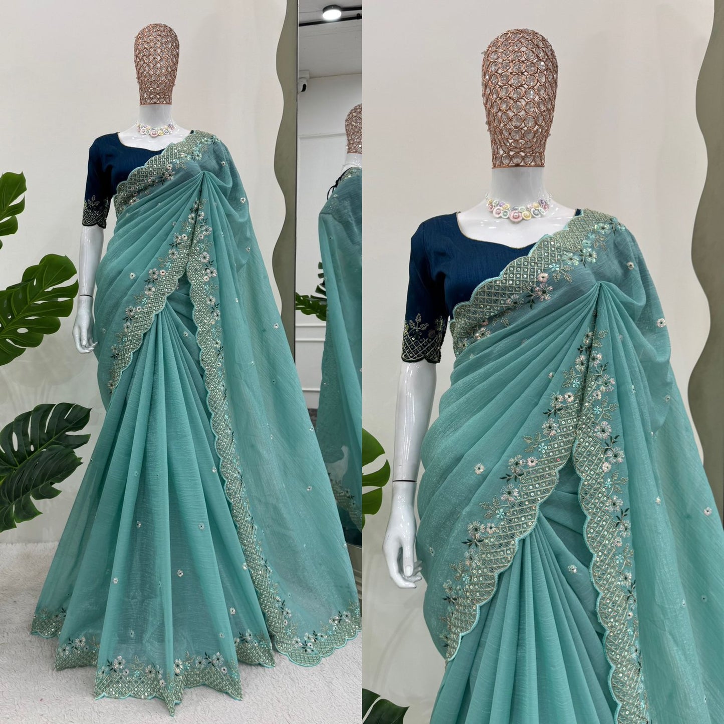 Sky Blue Crunchy Silk With Thread & Sequins Work Saree