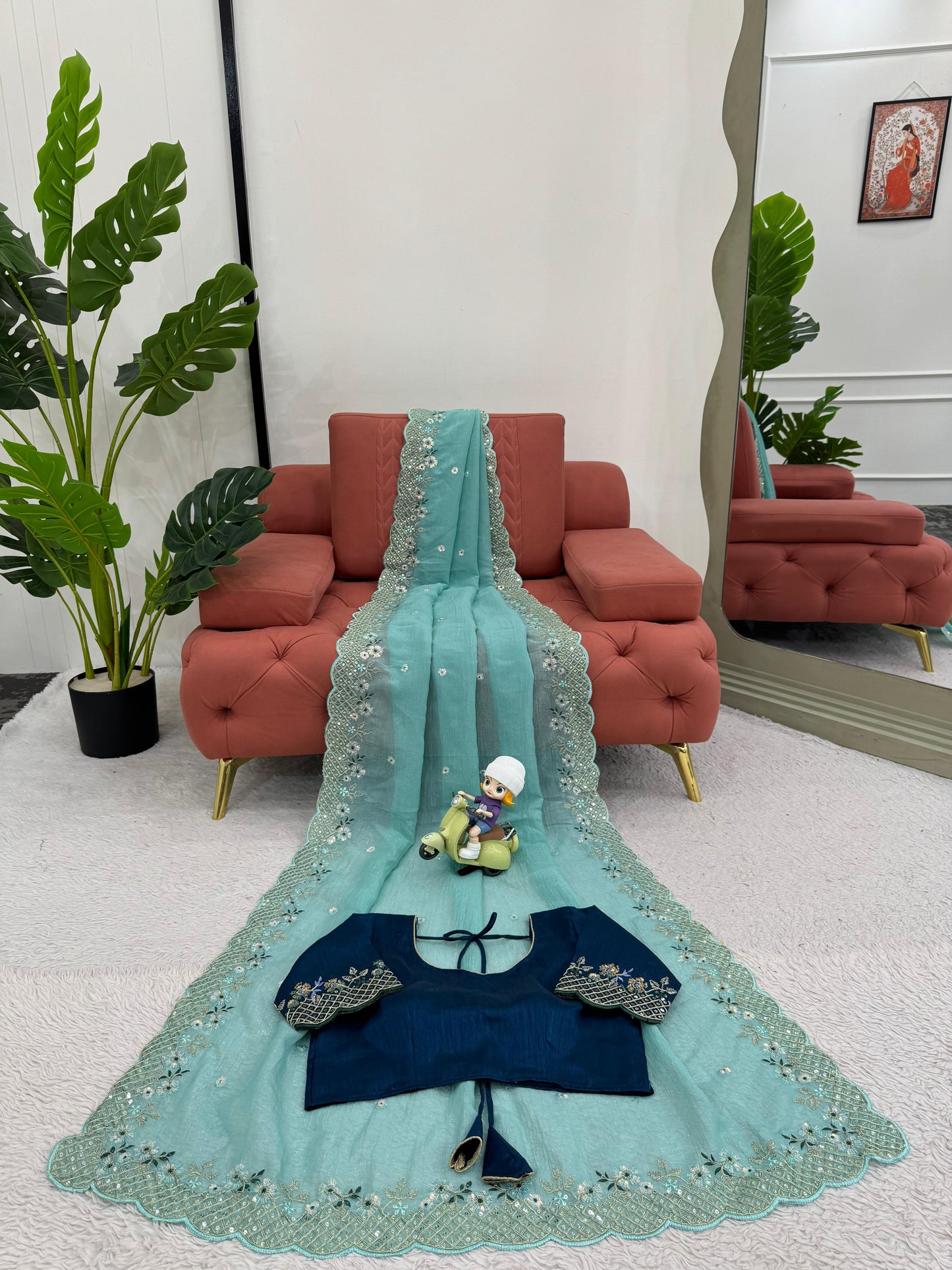 Sky Blue Crunchy Silk With Thread & Sequins Work Saree