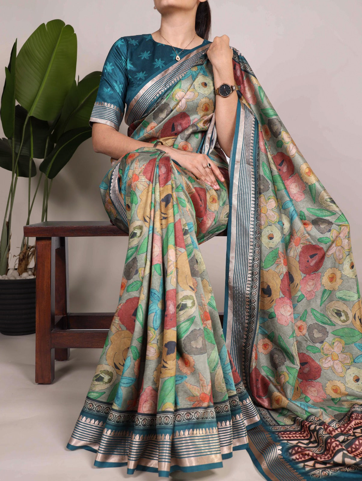 Firozi Tussar Silk Saree with Viscose Border