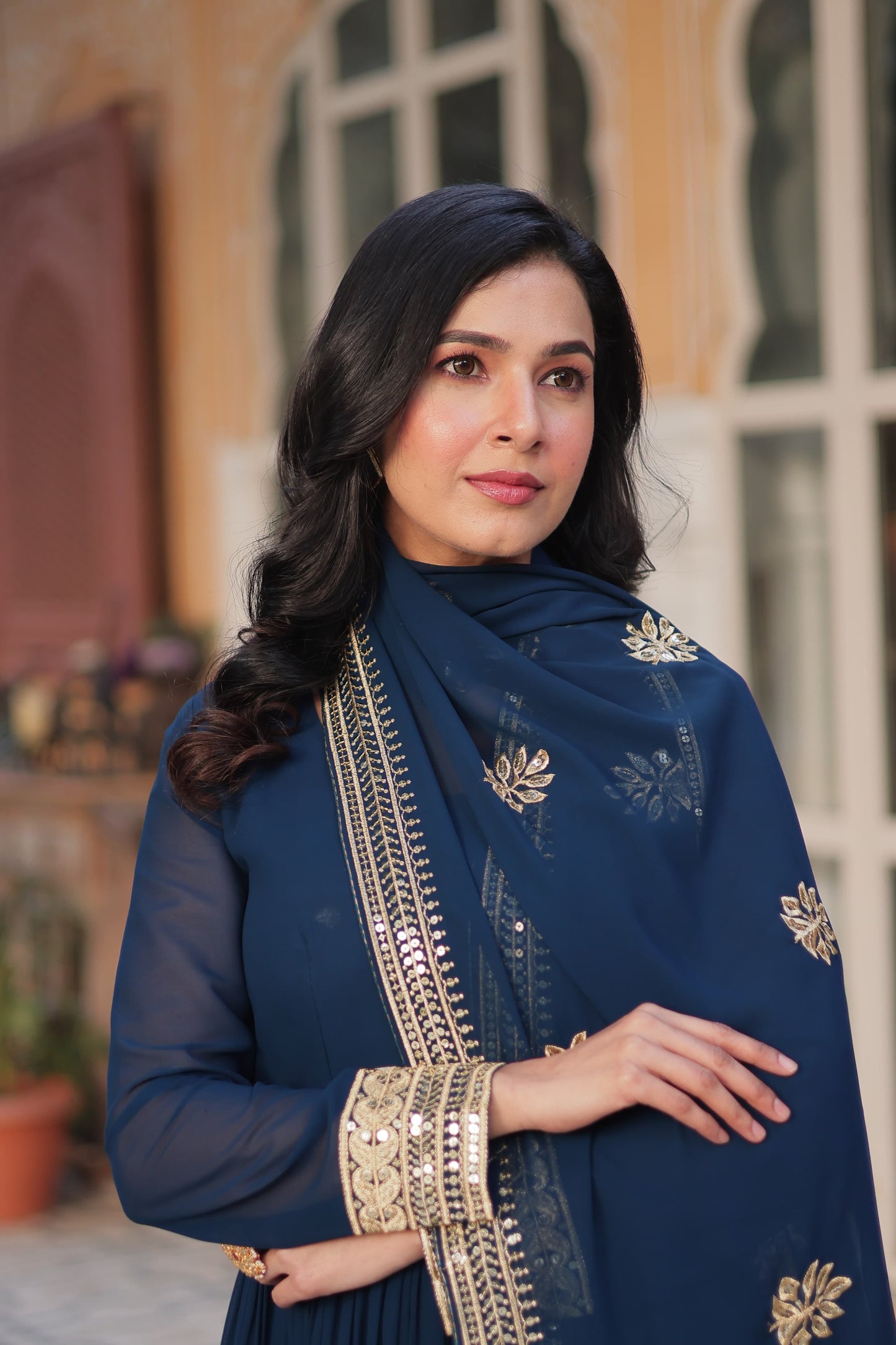 Faux Blooming With Zari & Sequins Work Gown with Dupatta