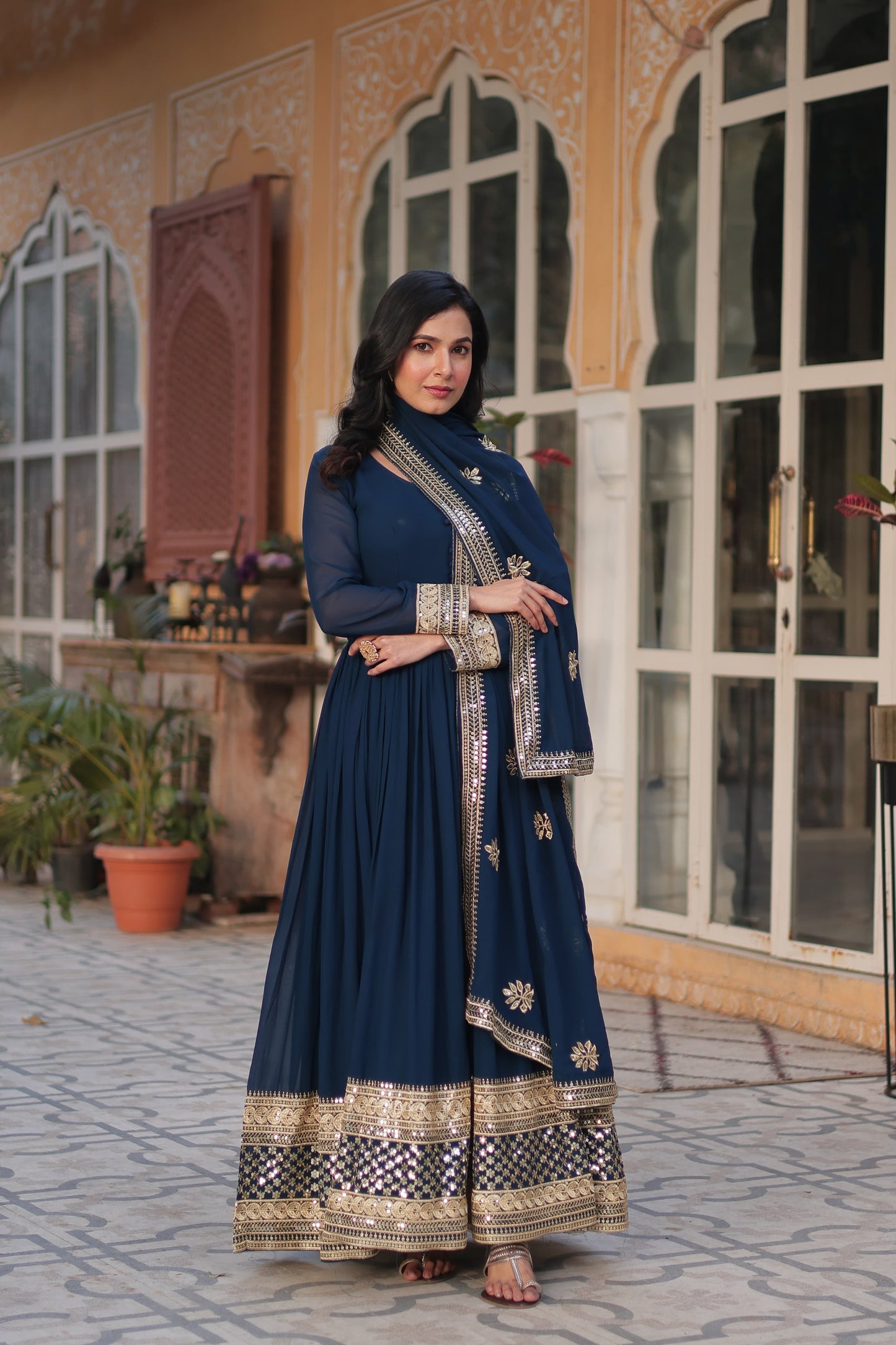 Faux Blooming With Zari & Sequins Work Gown with Dupatta