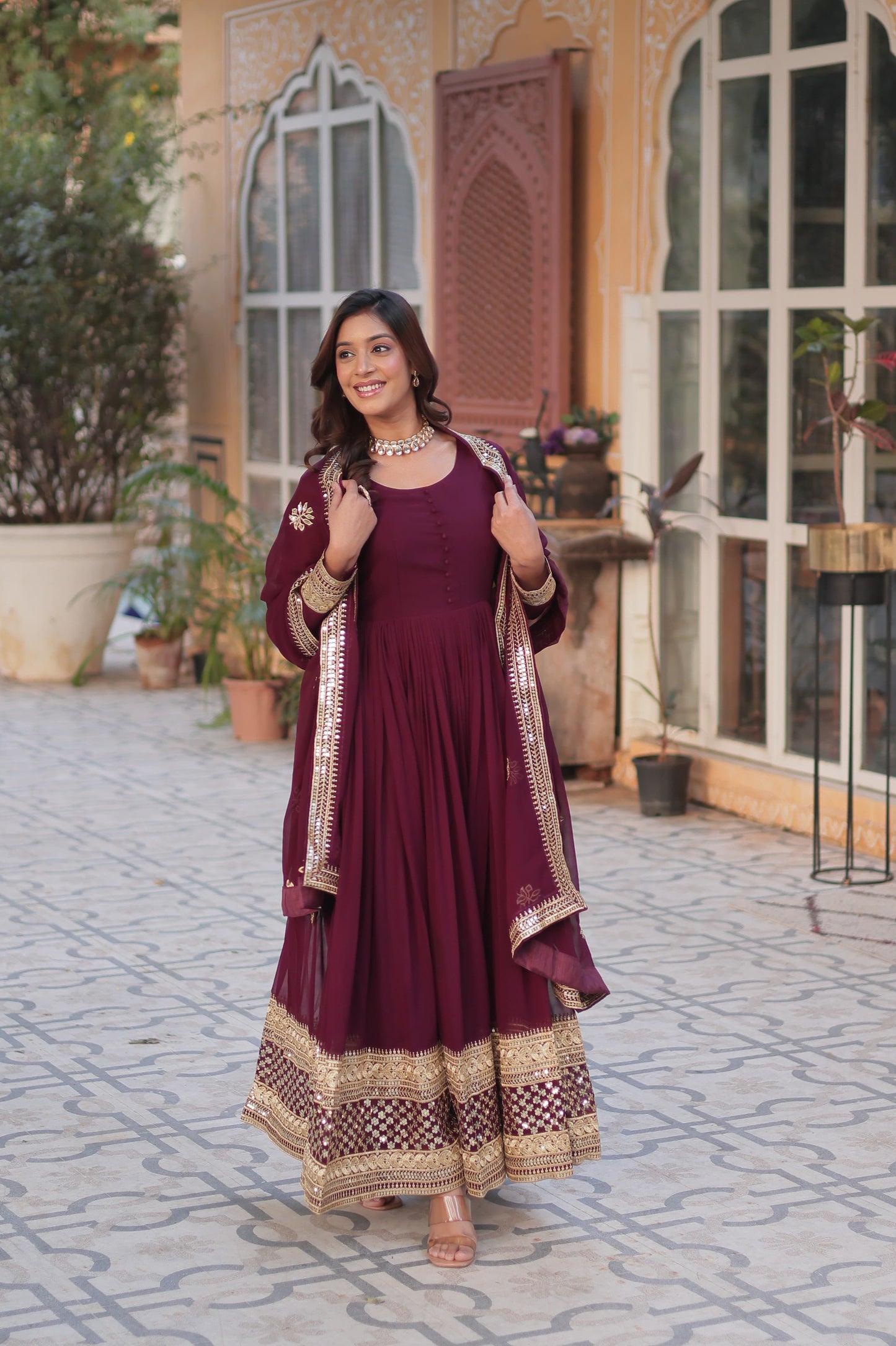 Faux Blooming With Zari & Sequins Work Gown with Dupatta