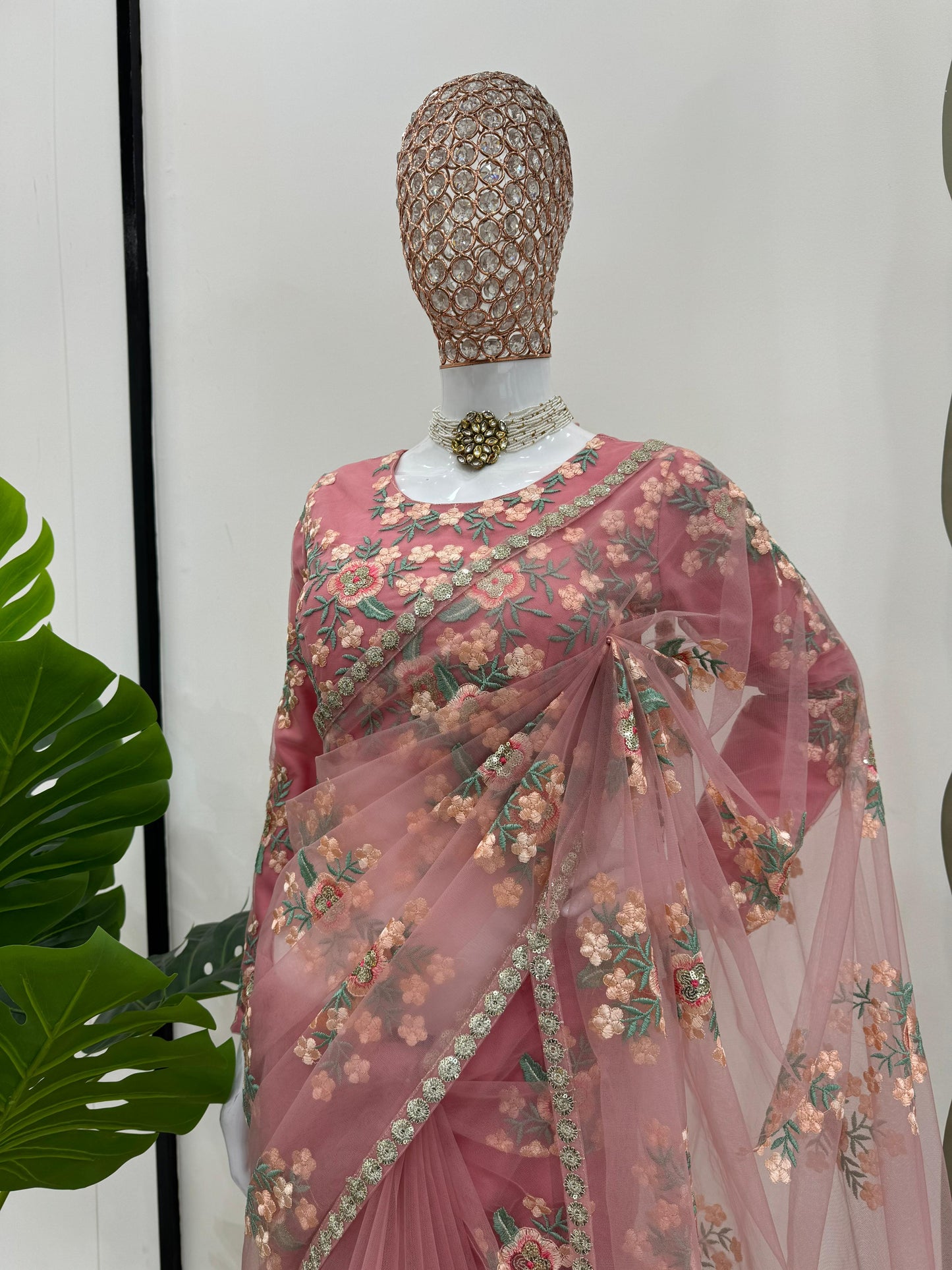 Baby Pink Soft Net Thread Sequins Work Saree