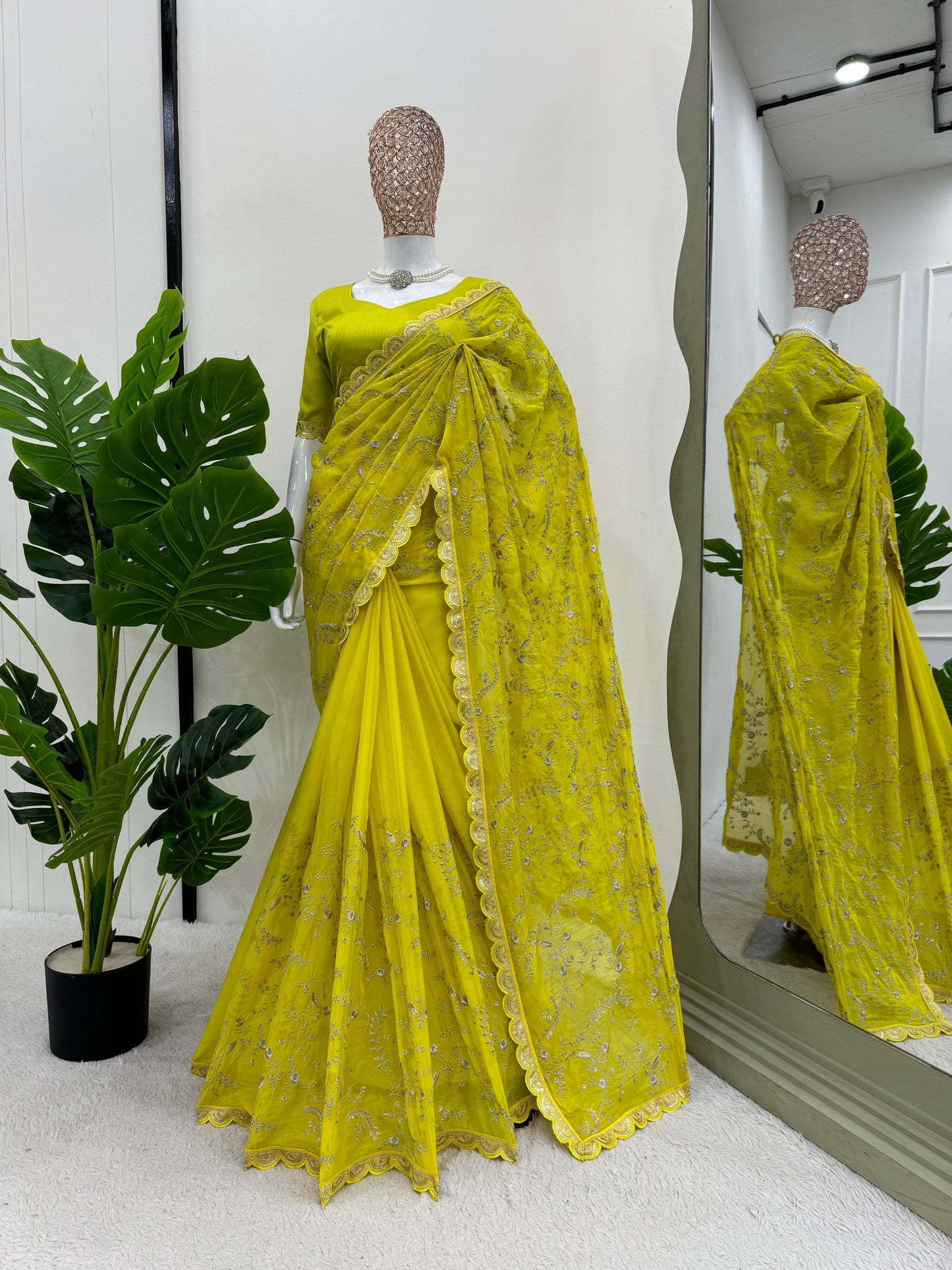 Lemon Heavy Tibby Silk With Coding Work Saree