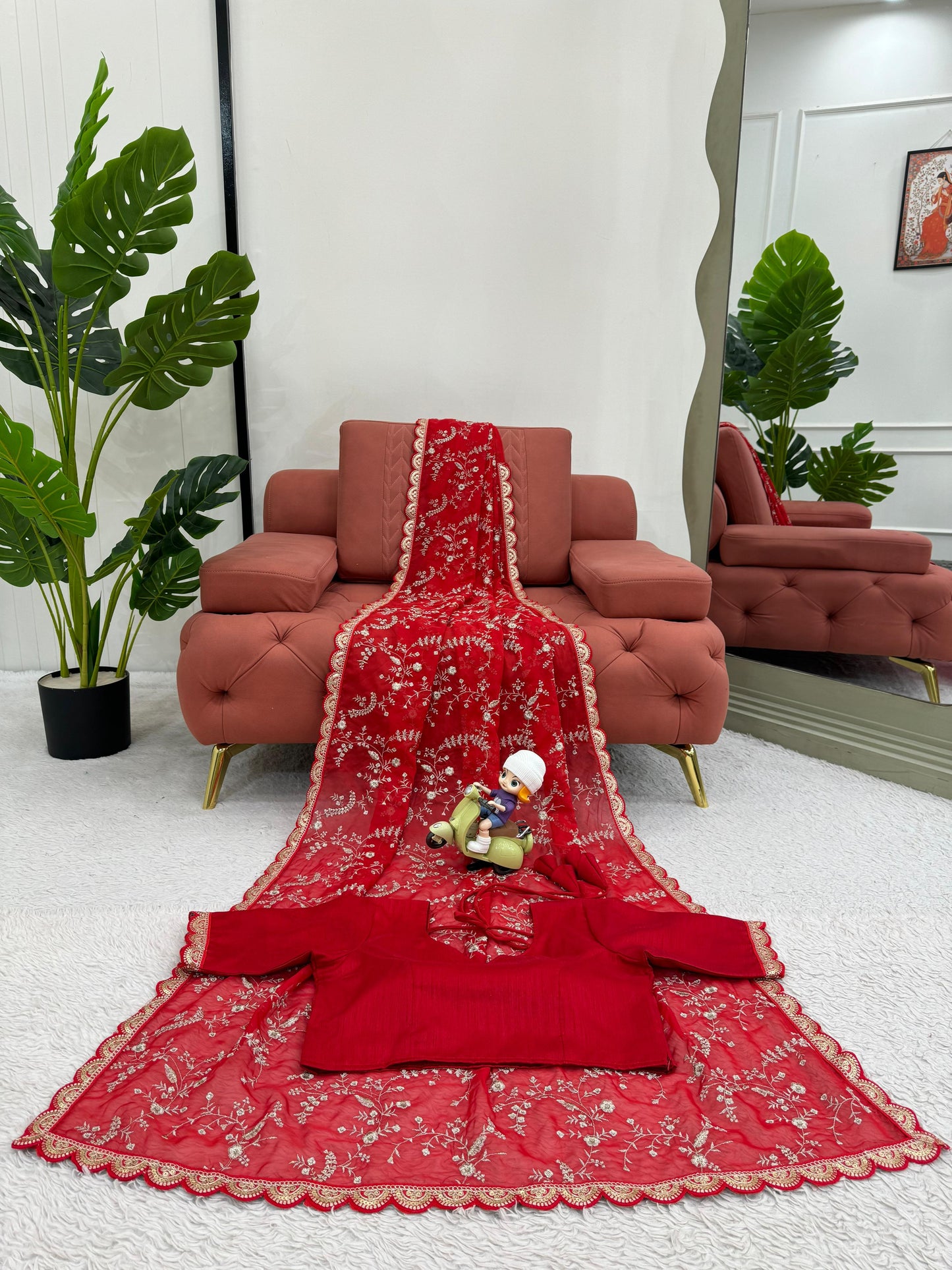 Red Heavy Tibby Silk With Coding Work Saree