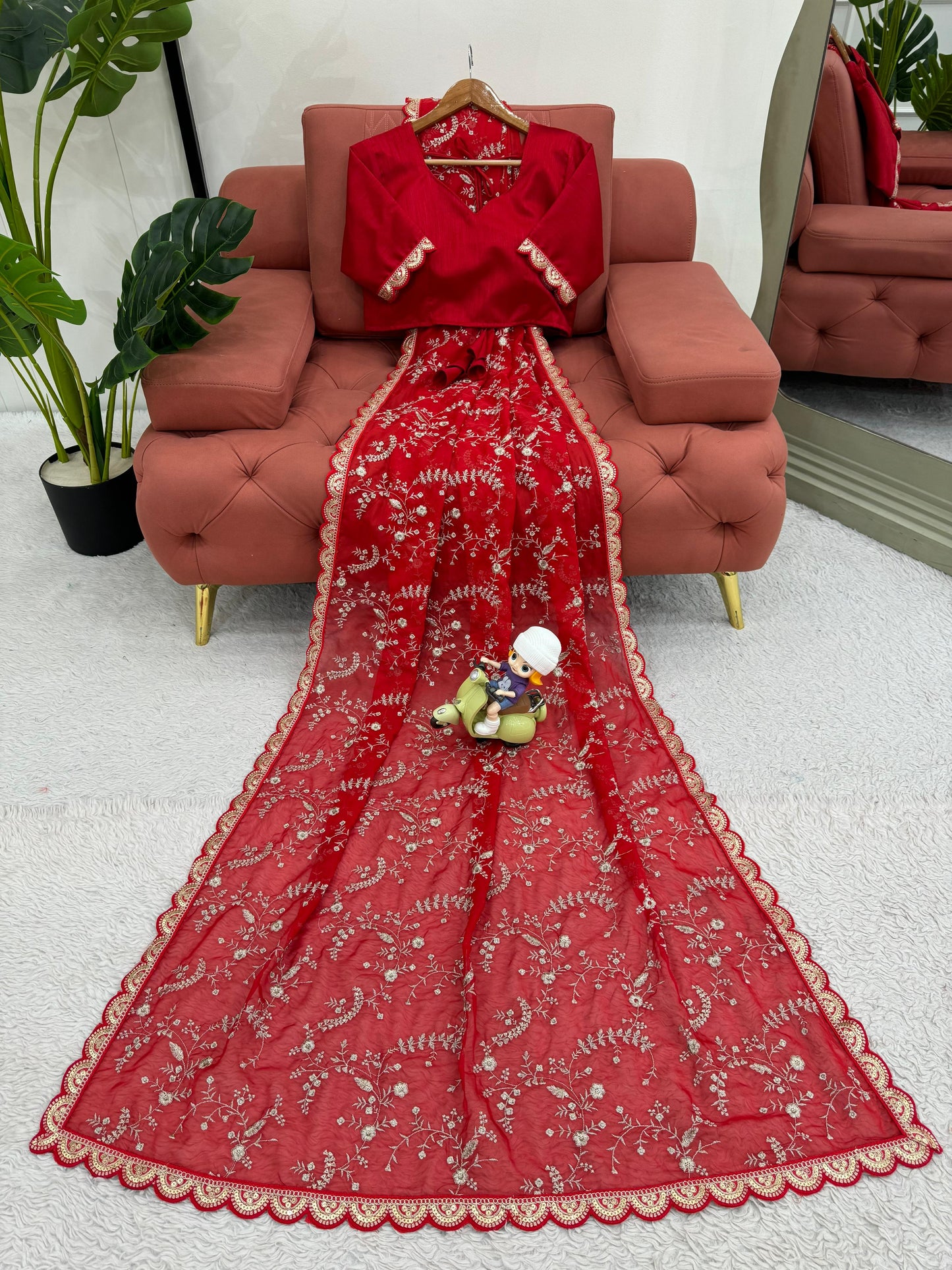 Red Heavy Tibby Silk With Coding Work Saree