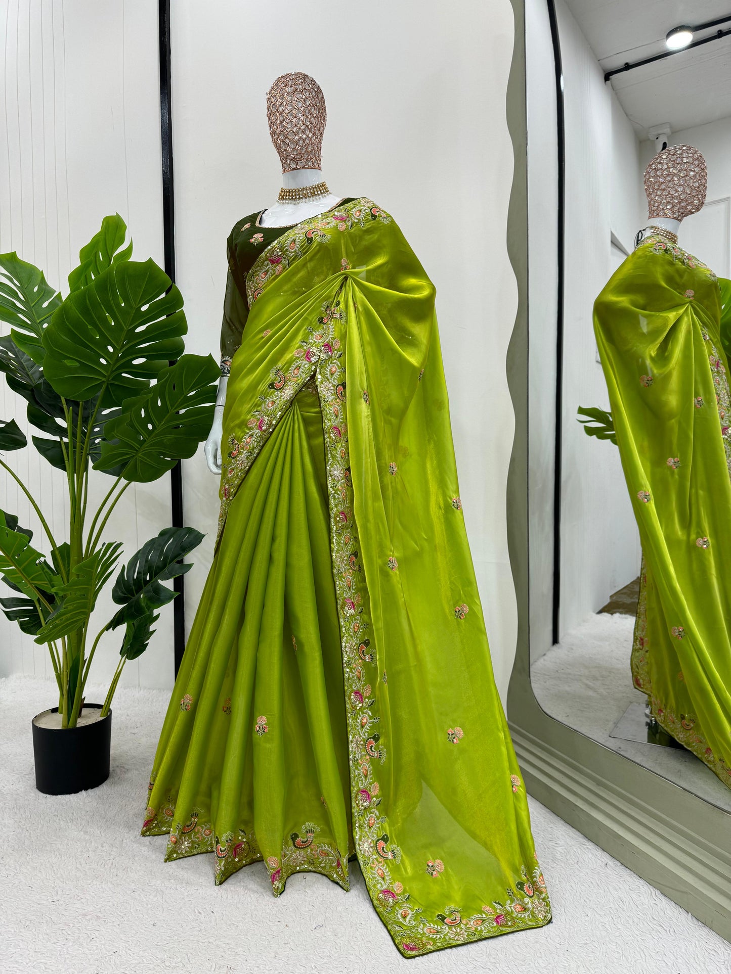 Lime Green Jimmy Chu Thread Work Saree