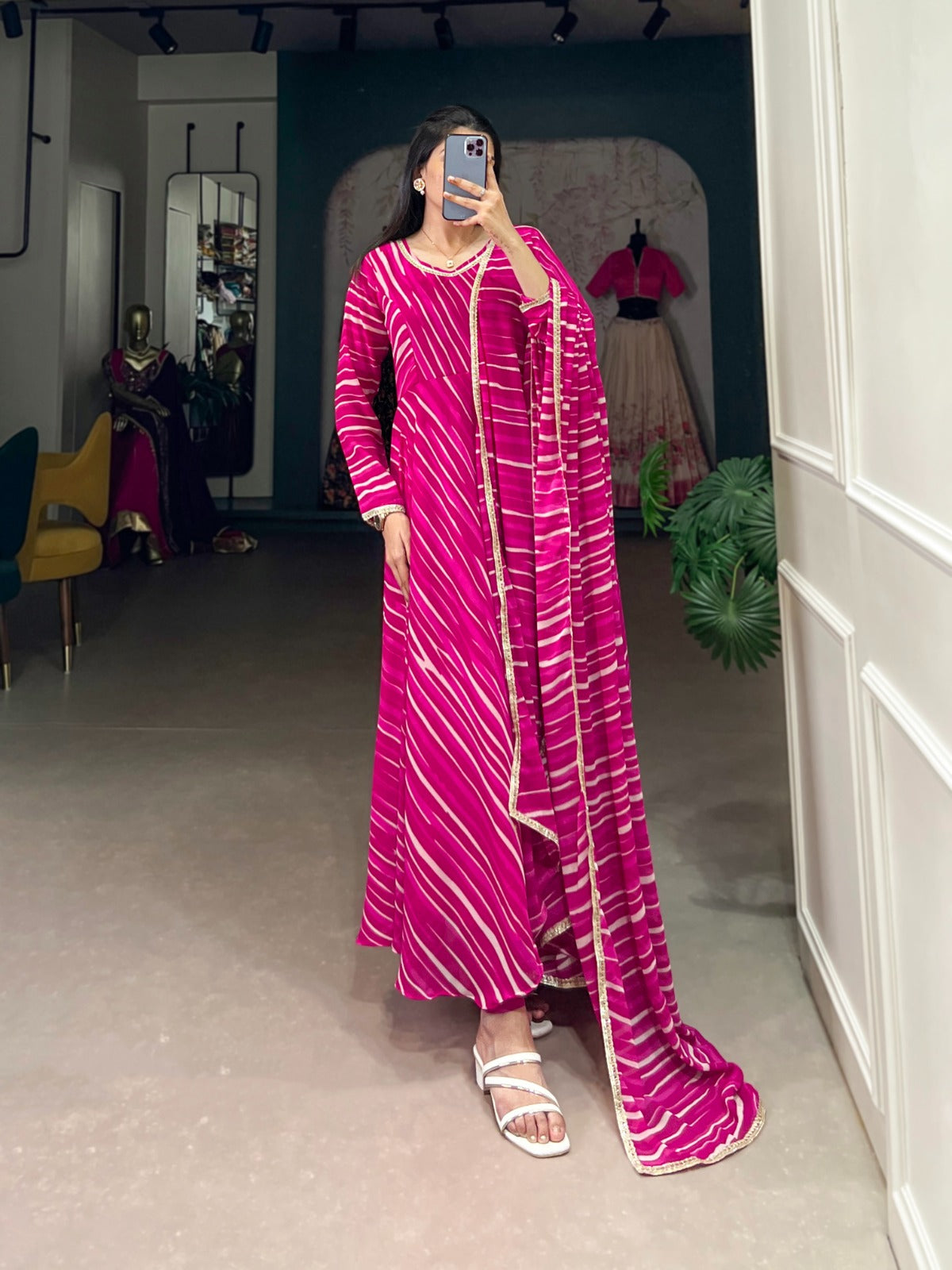 Pink Leheriya Georgette with Lace Gown With Dupatta