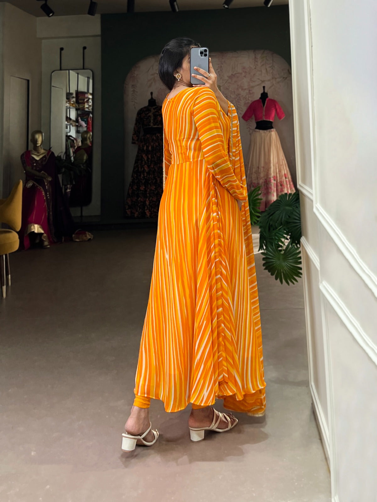 Yellow Leheriya Georgette with Lace Gown With Dupatta