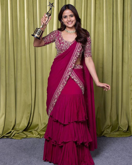 Barbie Pink Heavy Georgette With Ruffle Work Party Wear Saree