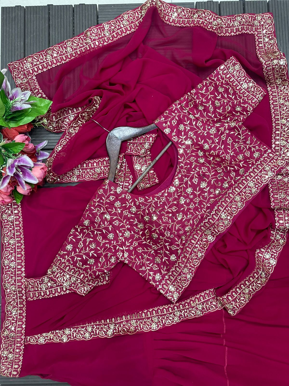 Barbie Pink Heavy Georgette With Ruffle Work Party Wear Saree