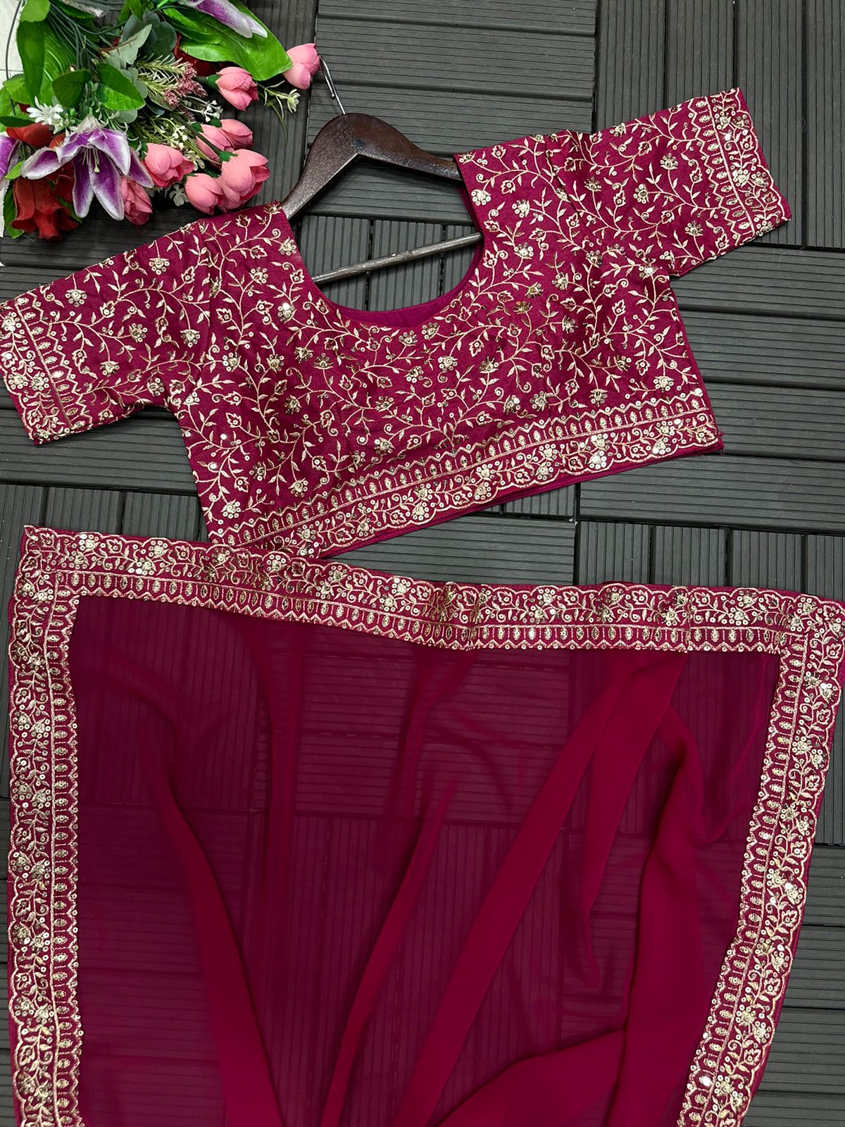 Barbie Pink Heavy Georgette With Ruffle Work Party Wear Saree
