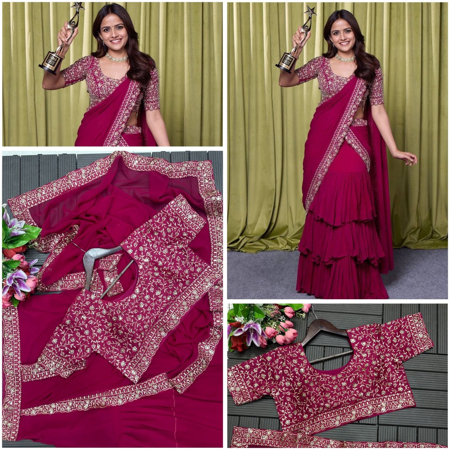 Barbie Pink Heavy Georgette With Ruffle Work Party Wear Saree