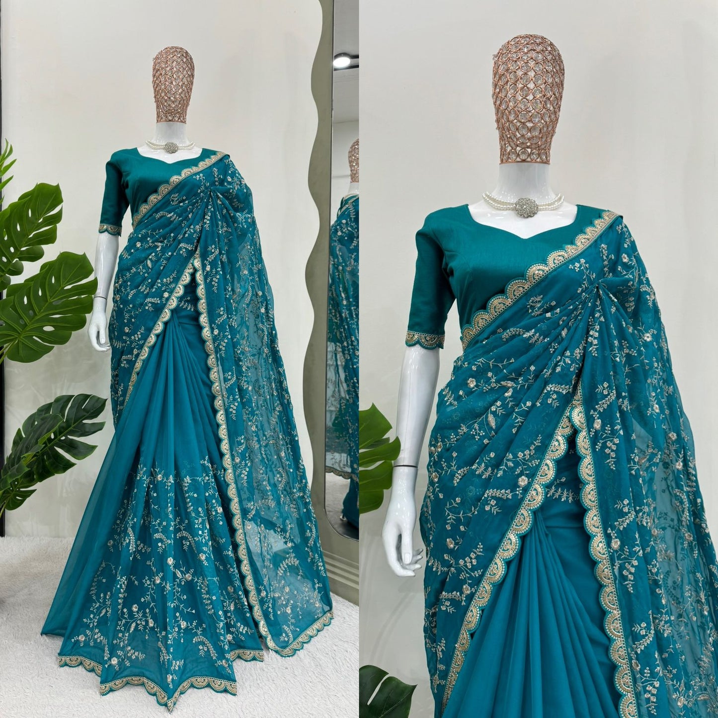 Rama Heavy Tibby Silk With Coding Work Saree