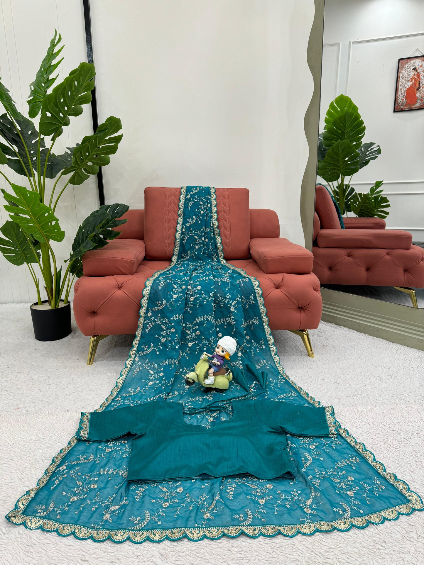 Rama Heavy Tibby Silk With Coding Work Saree