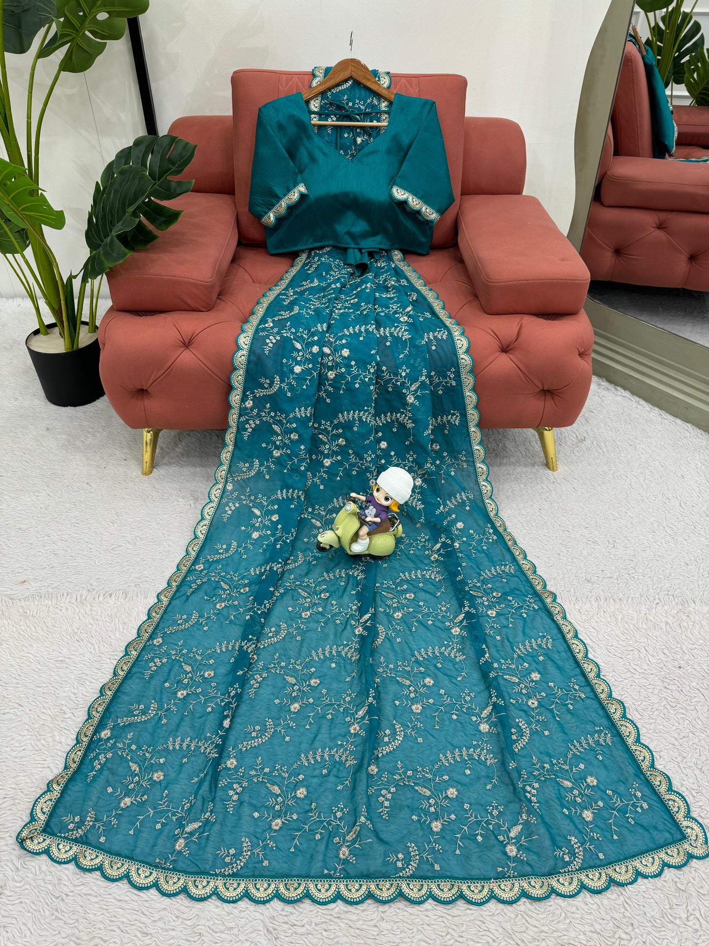 Rama Heavy Tibby Silk With Coding Work Saree