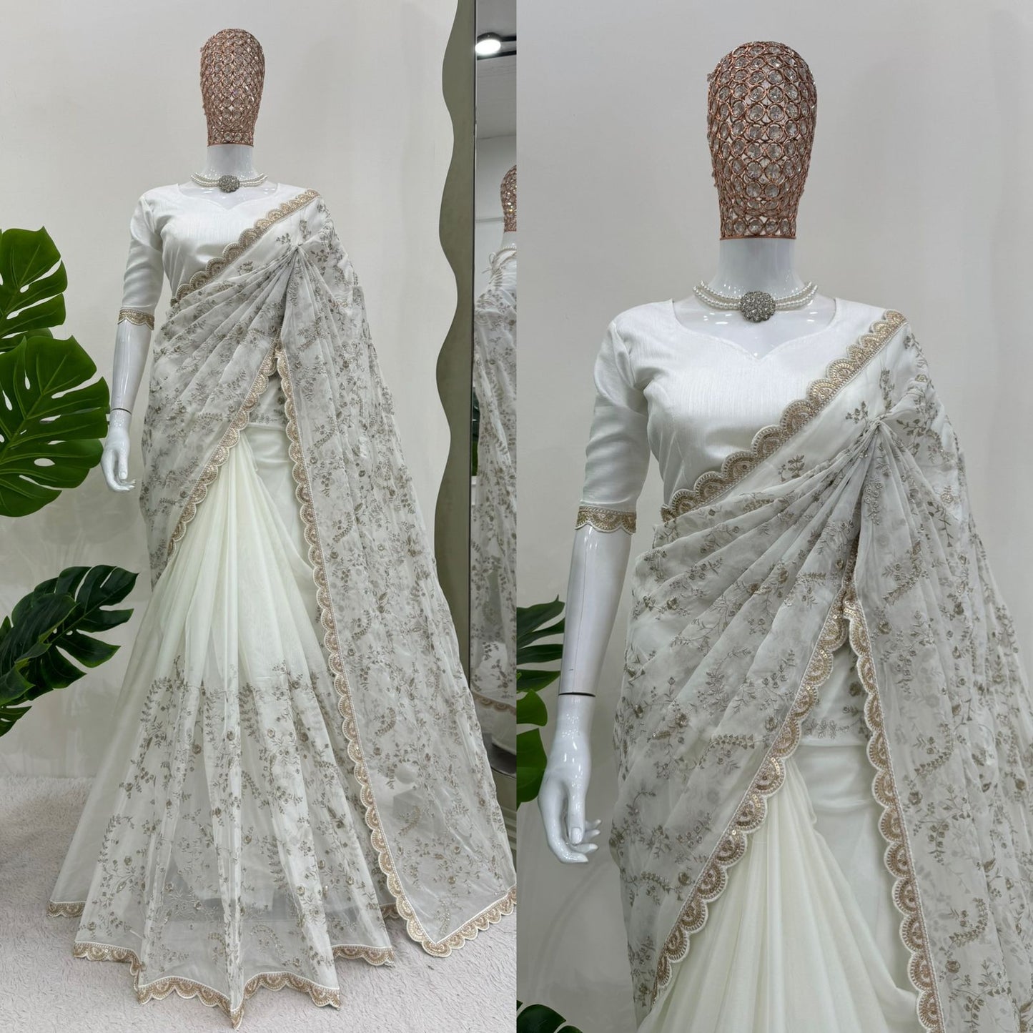 White Heavy Tibby Silk With Coding Work Saree