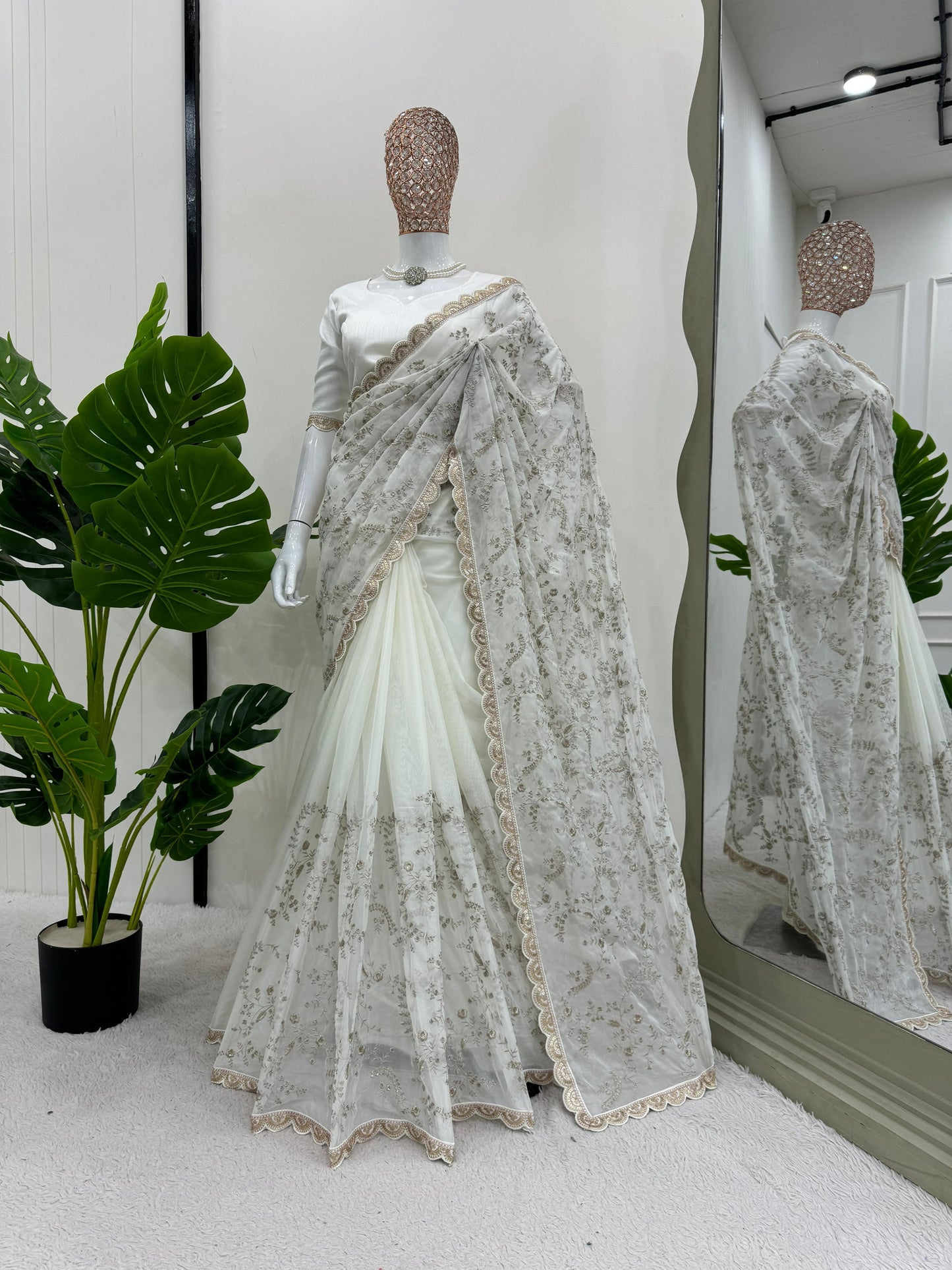 White Heavy Tibby Silk With Coding Work Saree