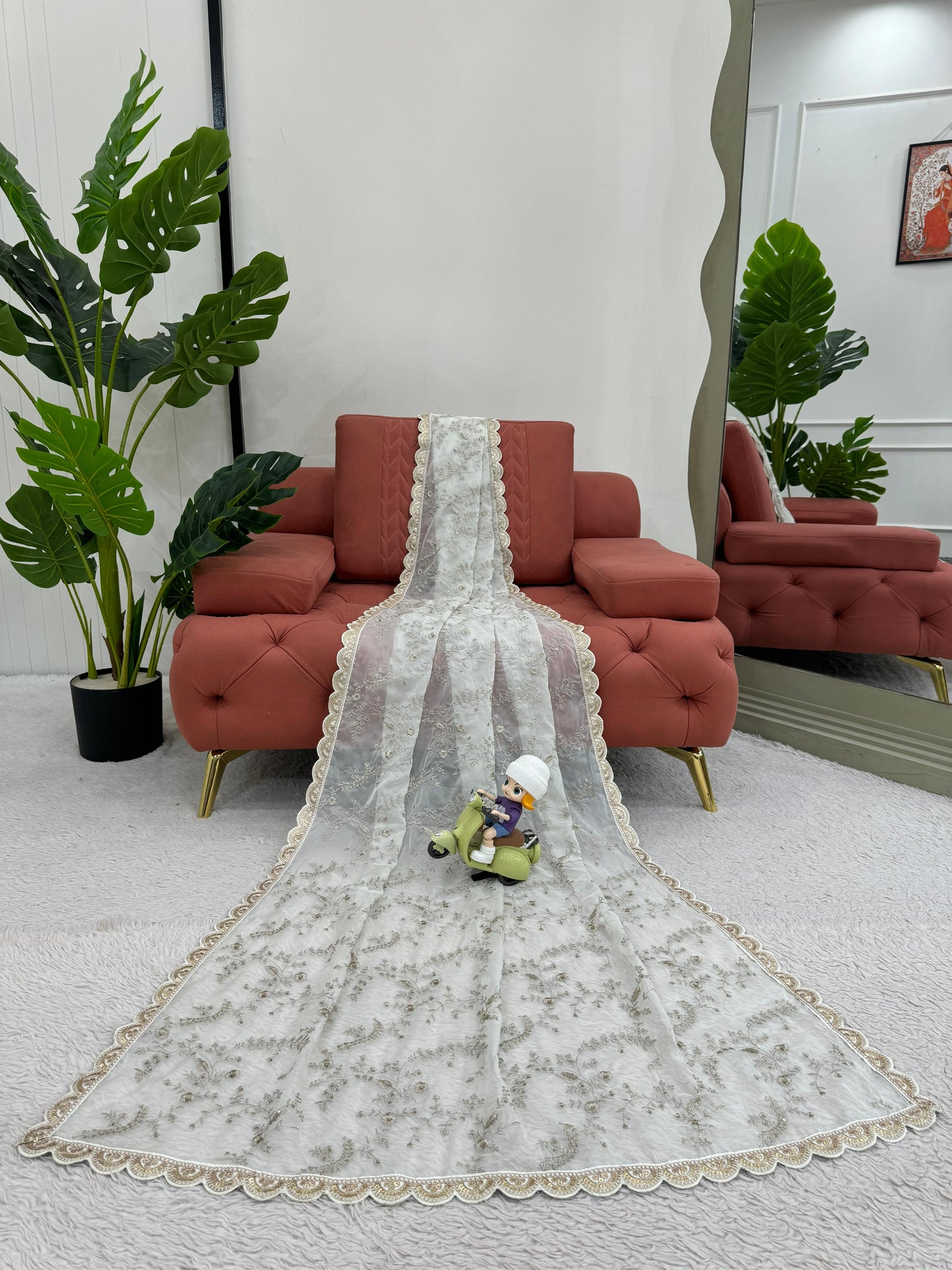 White Heavy Tibby Silk With Coding Work Saree