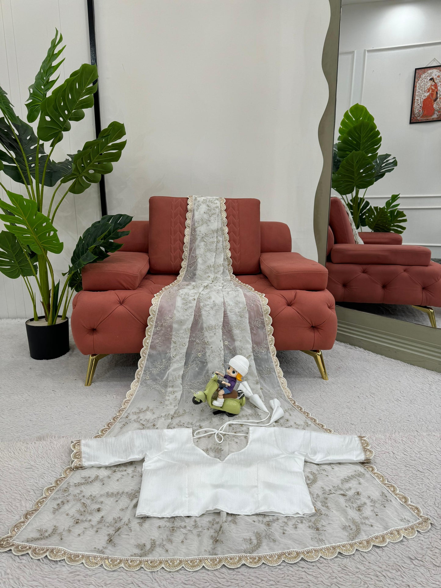 White Heavy Tibby Silk With Coding Work Saree