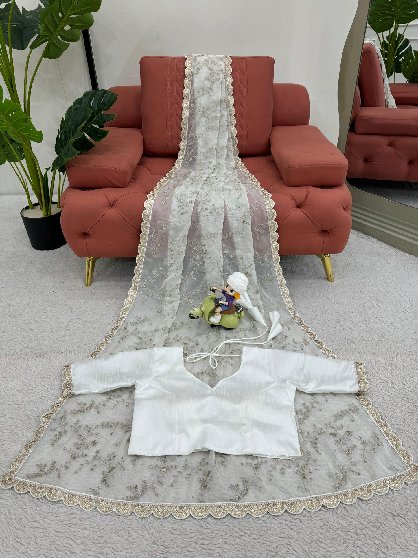 White Heavy Tibby Silk With Coding Work Saree