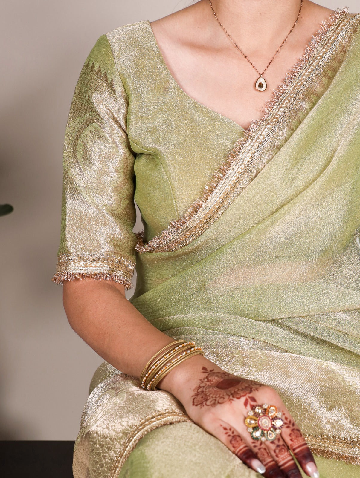 Pista Tissue Shimmer Zari With Sequins Lace Border Saree