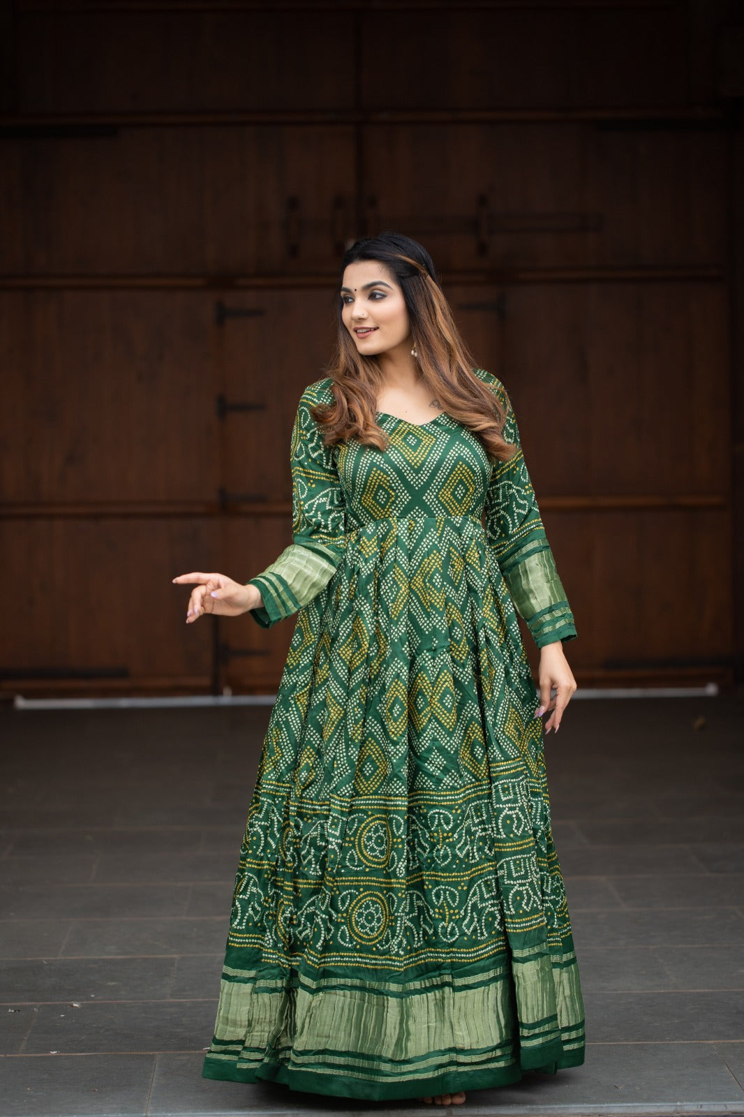Green Gaji Silk With Bandhej Print Gown