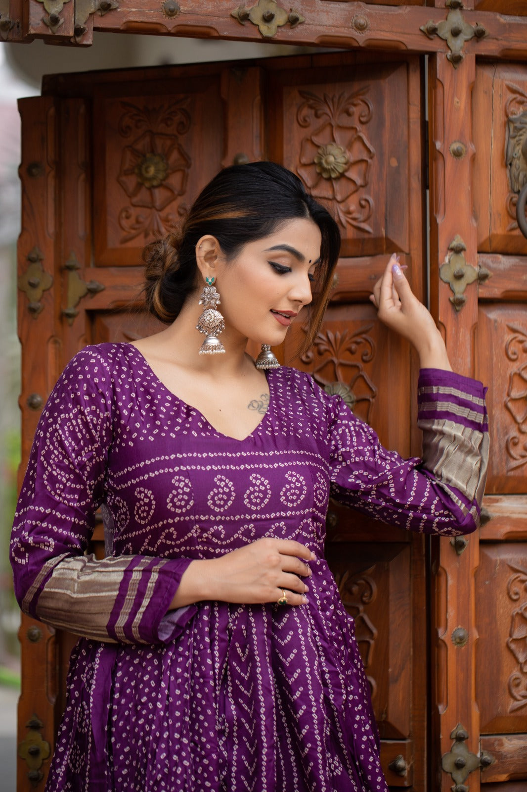 Wine Gaji Silk With Bandhej Print Gown