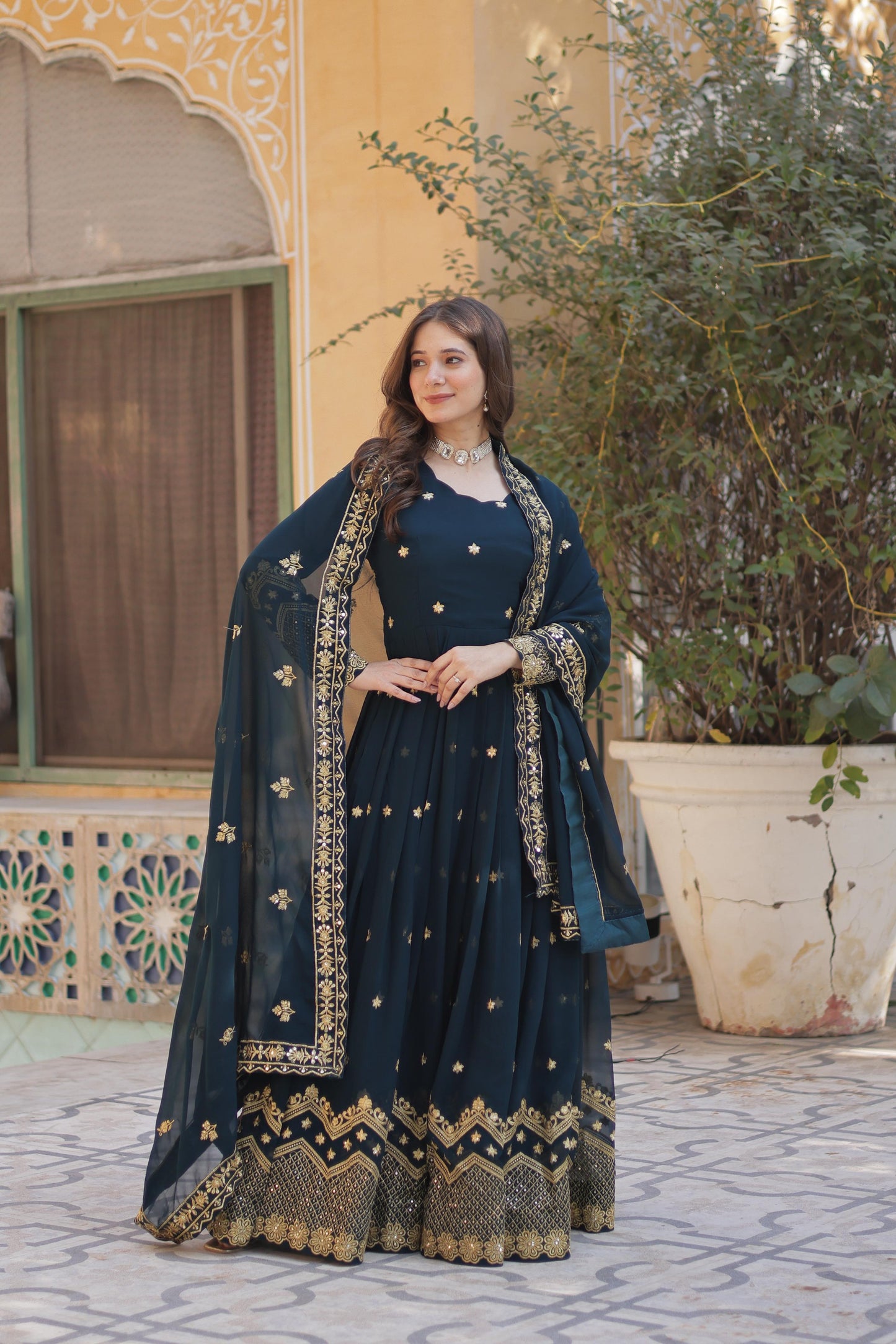 Designer Faux Georgette with Zari & Sequins Embroidery Gown With Dupatta