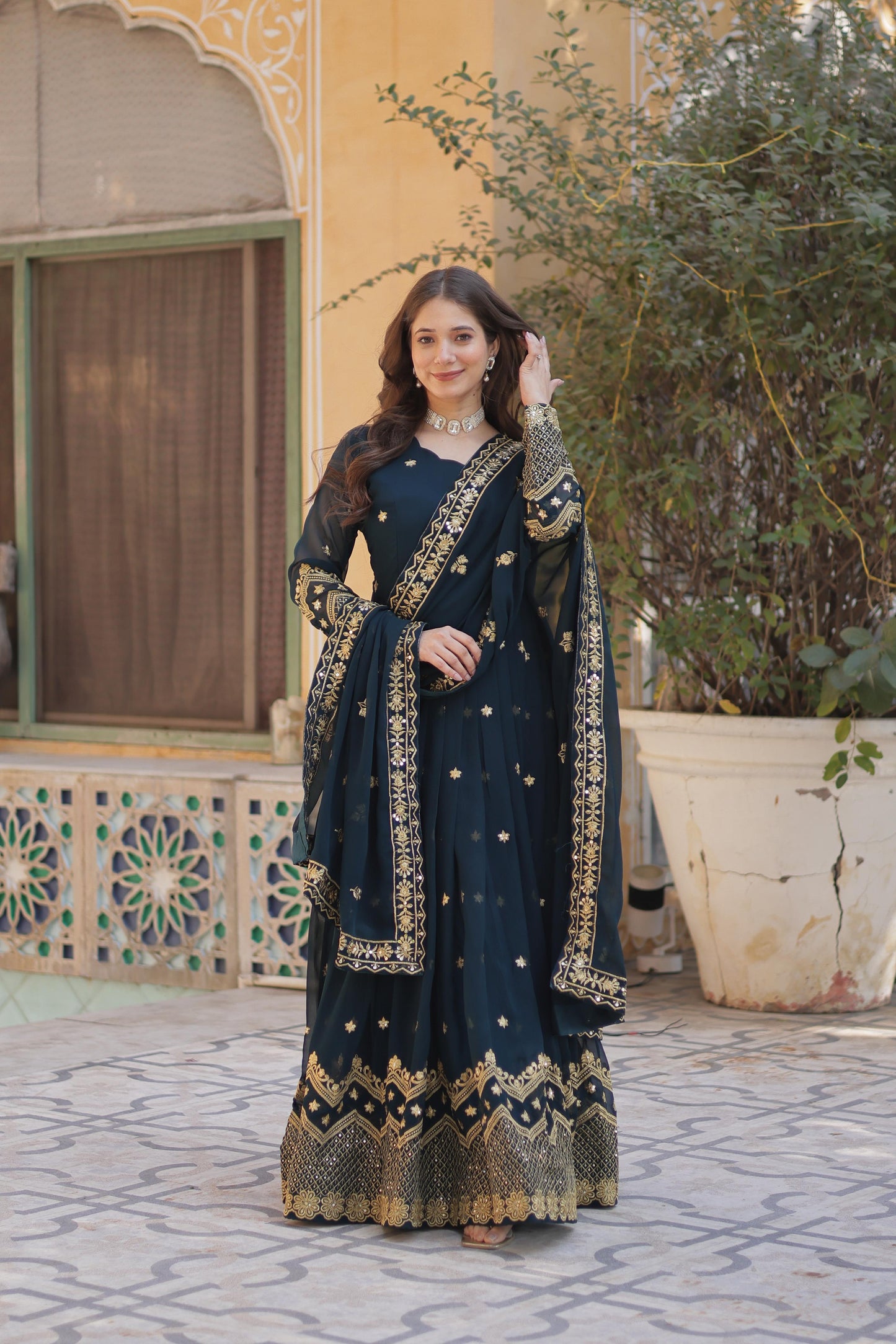 Designer Faux Georgette with Zari & Sequins Embroidery Gown With Dupatta