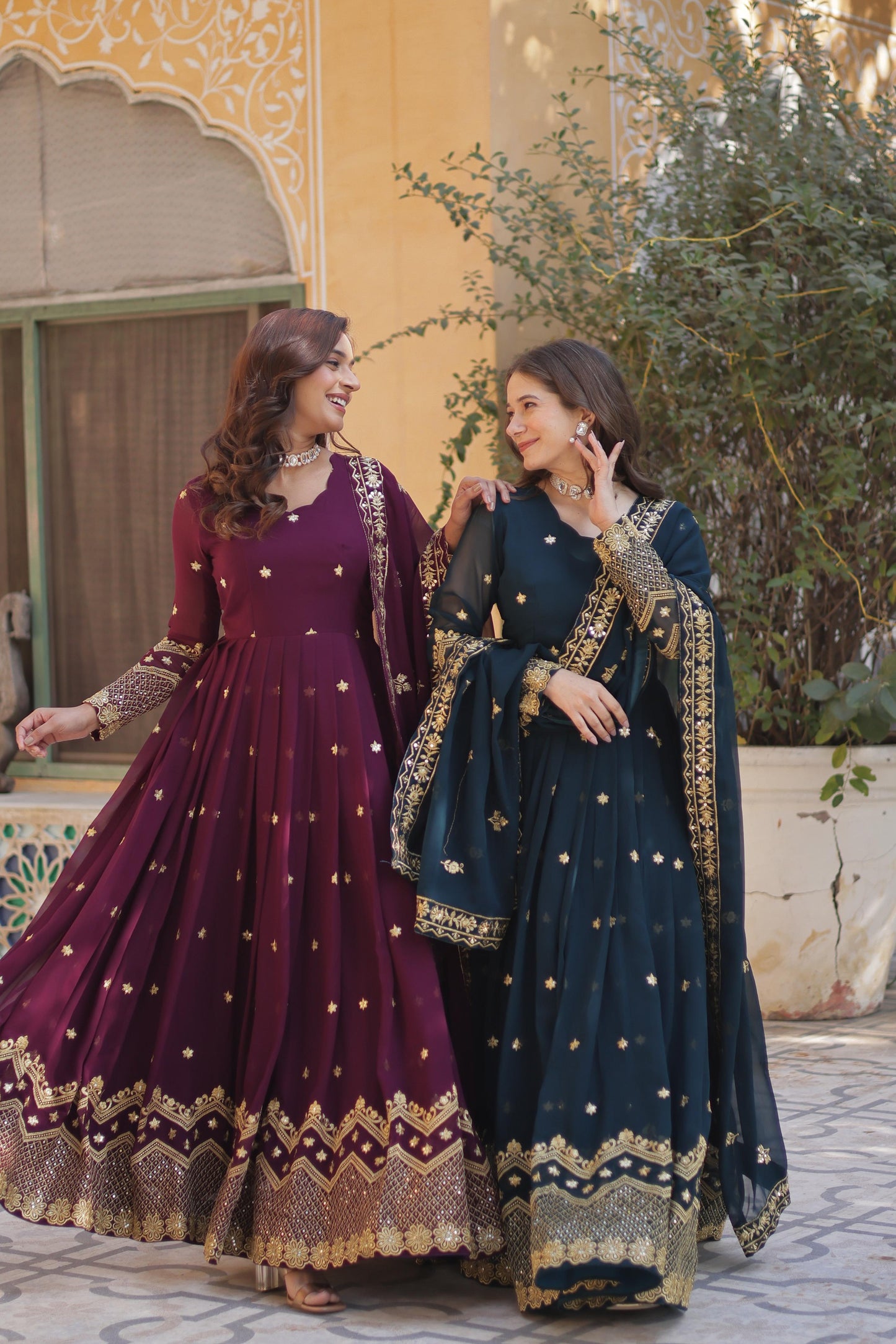 Designer Faux Georgette with Zari & Sequins Embroidery Gown With Dupatta