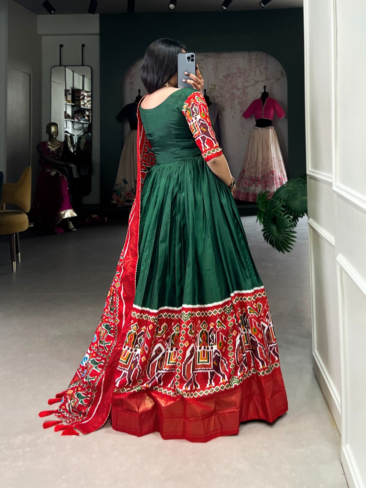 Green Dola Silk With Patola and Foil Print Gown With Dupatta