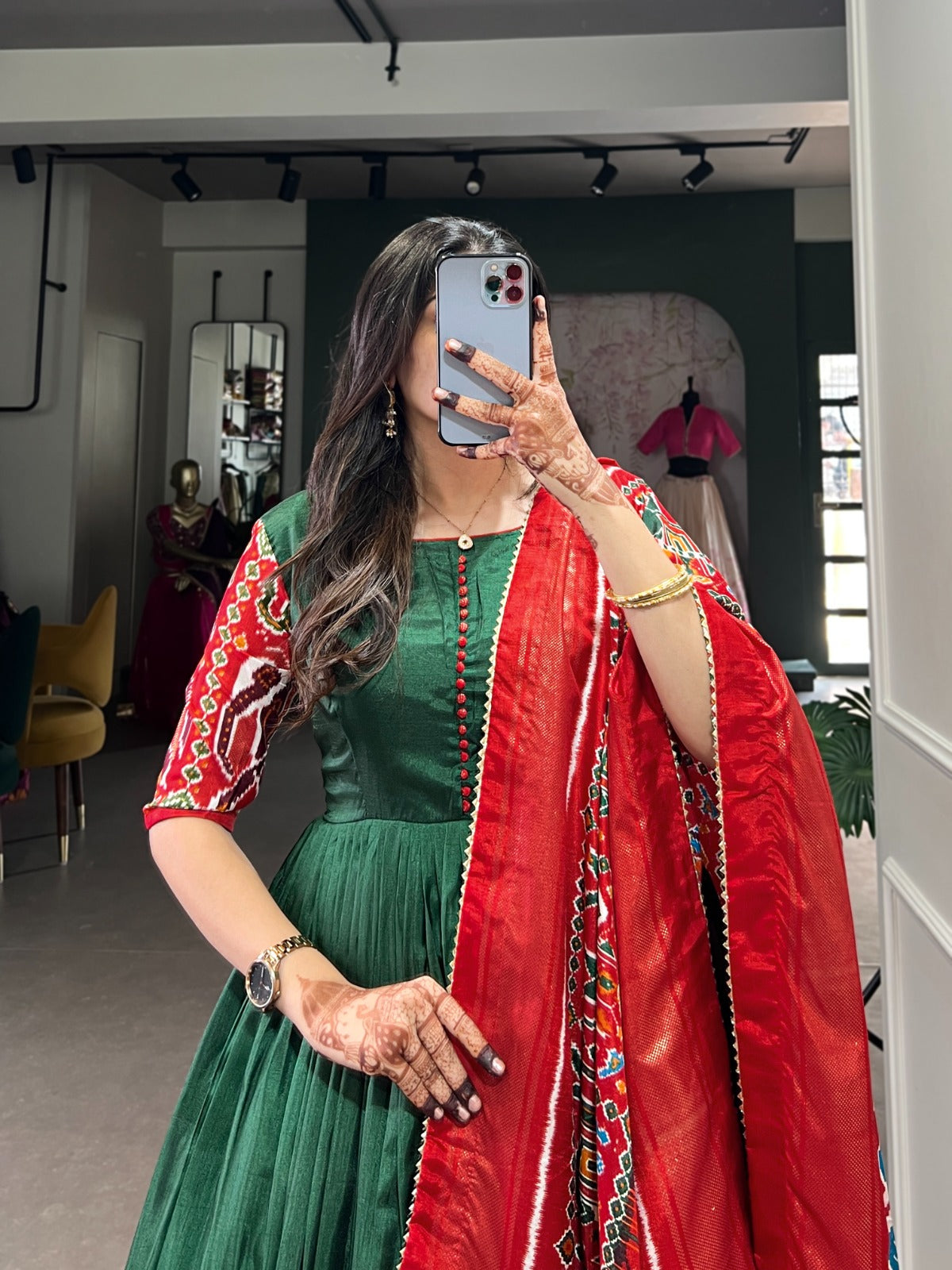 Green Dola Silk With Patola and Foil Print Gown With Dupatta