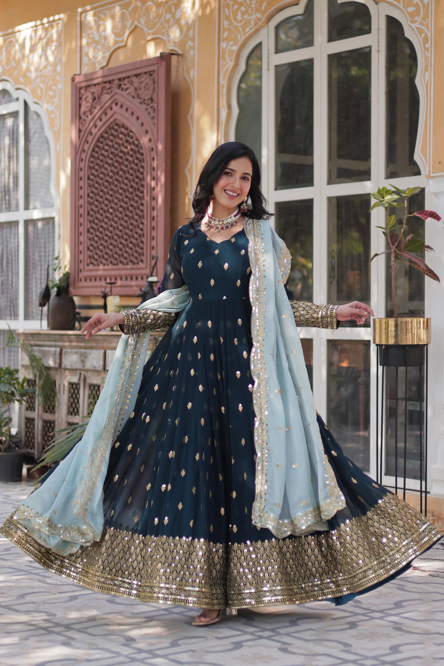 Navy Blue Faux Blooming with Embroidery Zari Sequins-work Gown With Dupatta