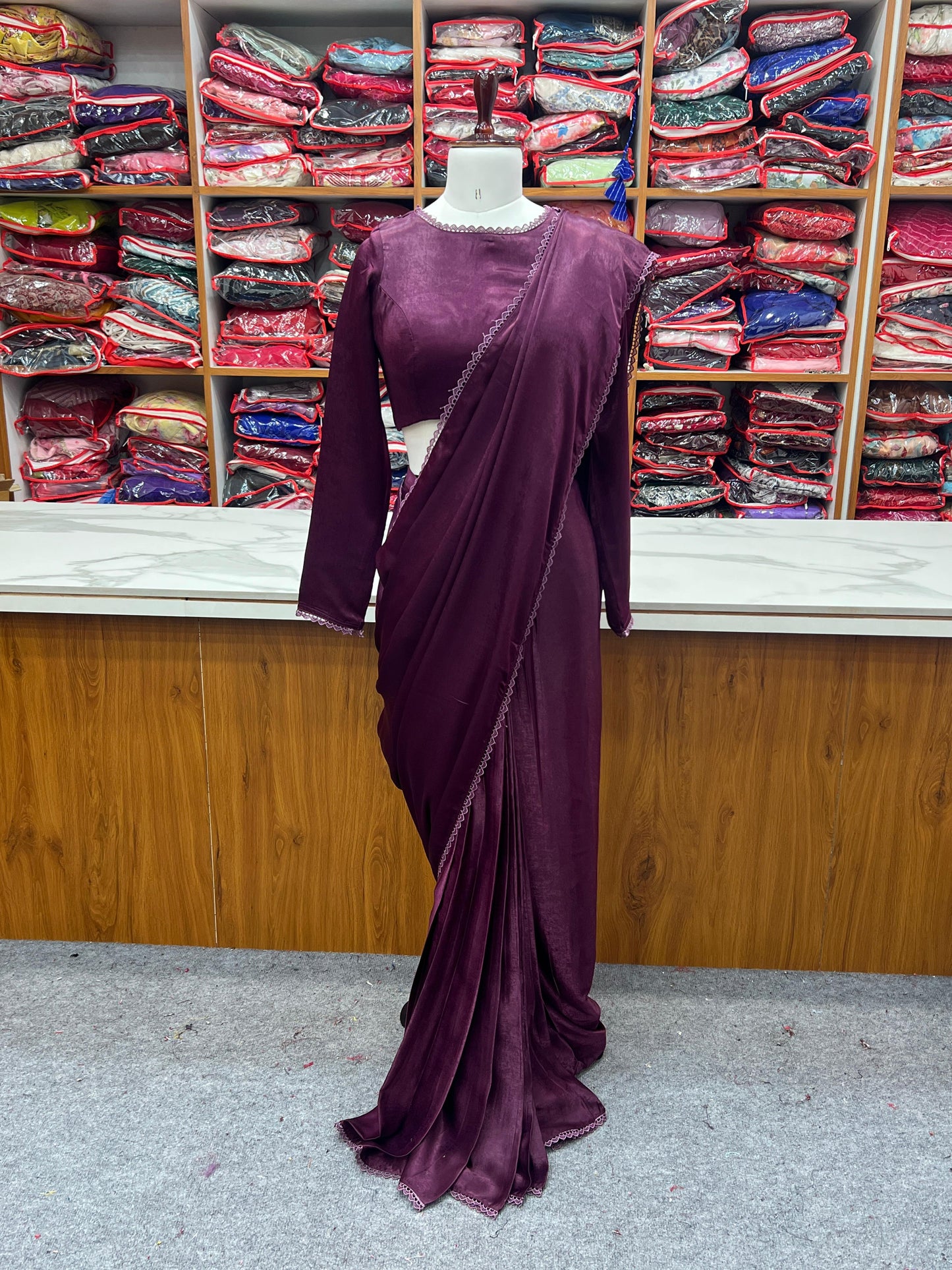 Wine Marble Velvet With Fancy Border Saree