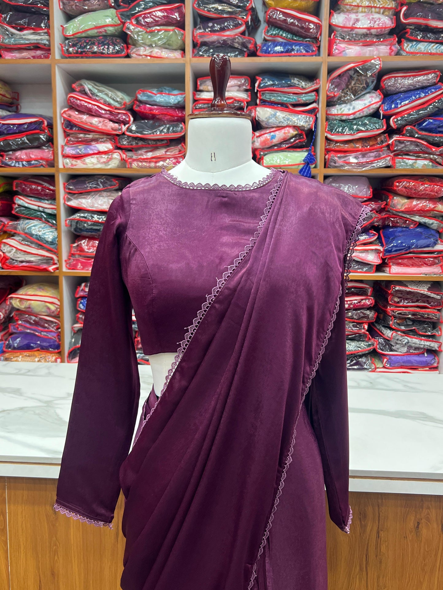 Wine Marble Velvet With Fancy Border Saree