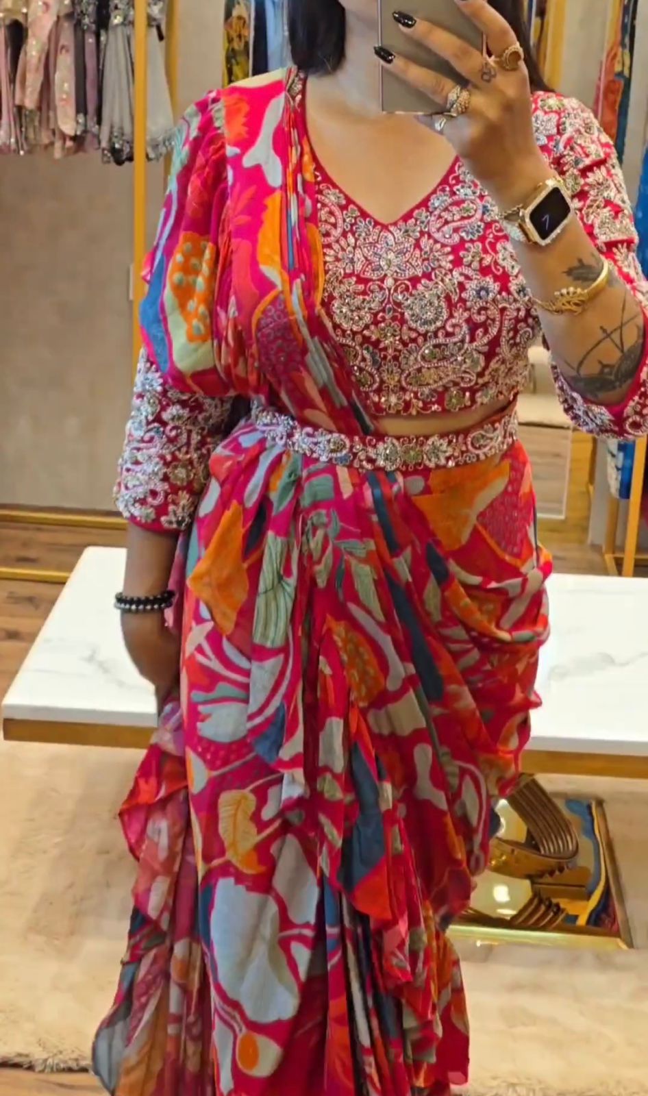 Georgette Embroidery With Digital Print Ready To Wear Saree