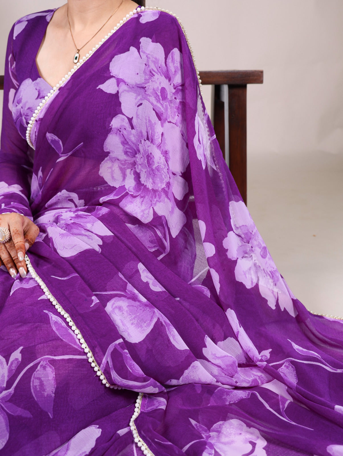 Purple Chiffon Floral Printed Saree