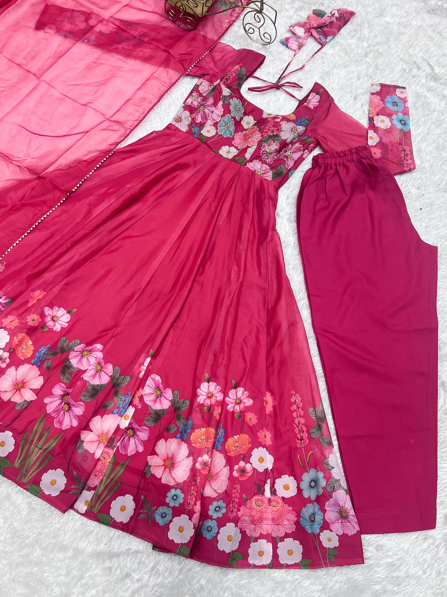 Pink Color Floral Print Organja Anarkali 3PC Kurta Set