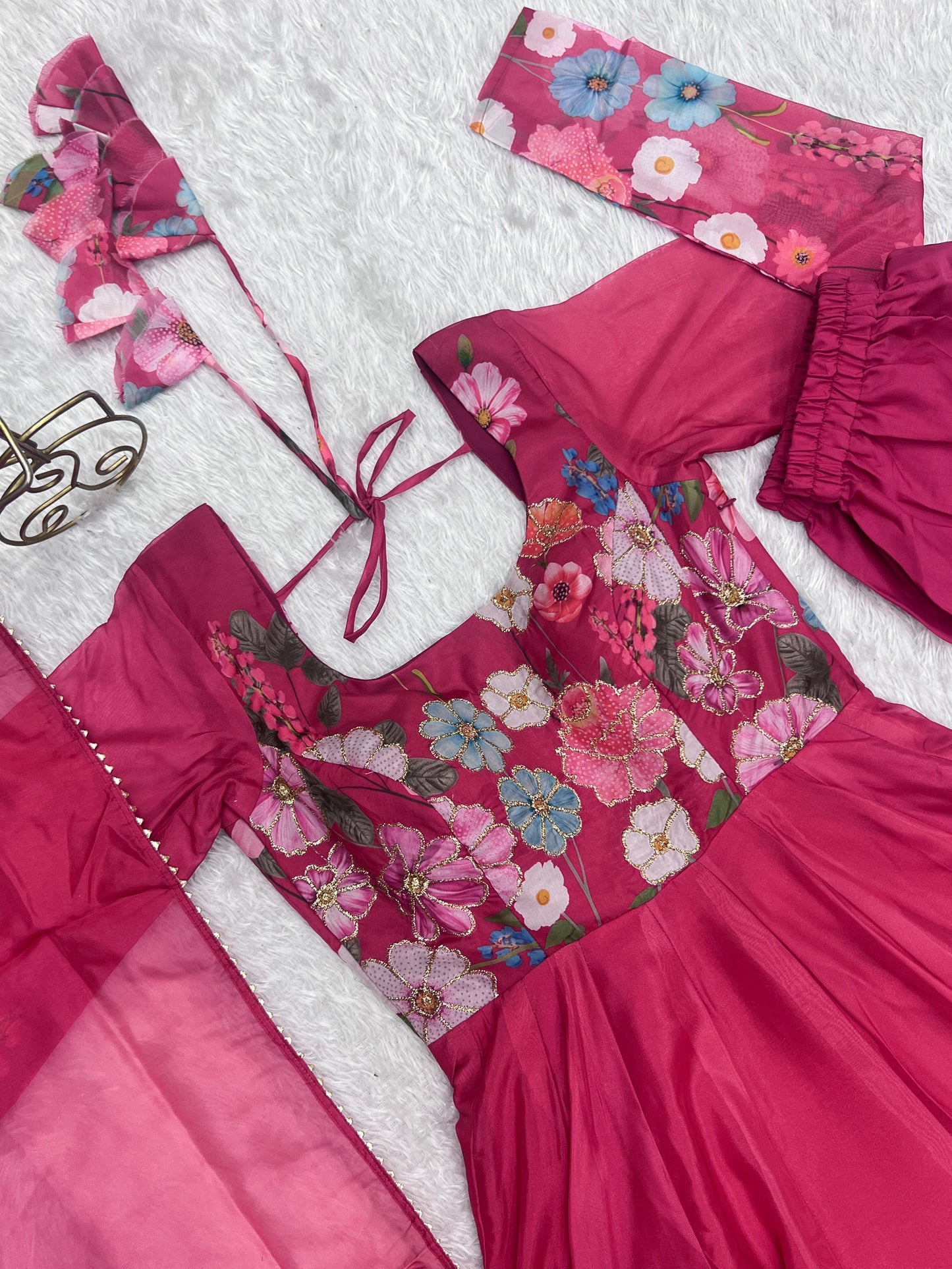 Pink Color Floral Print Organja Anarkali 3PC Kurta Set