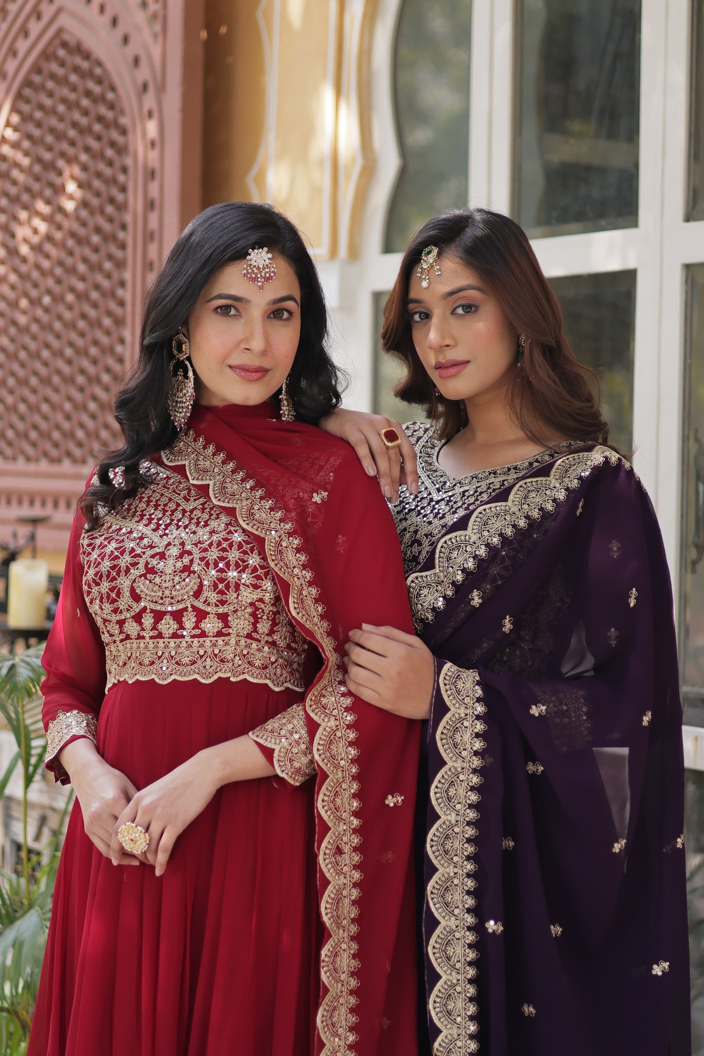 Red Faux Blooming With Embroidery Sequins-work Gown With Dupattta